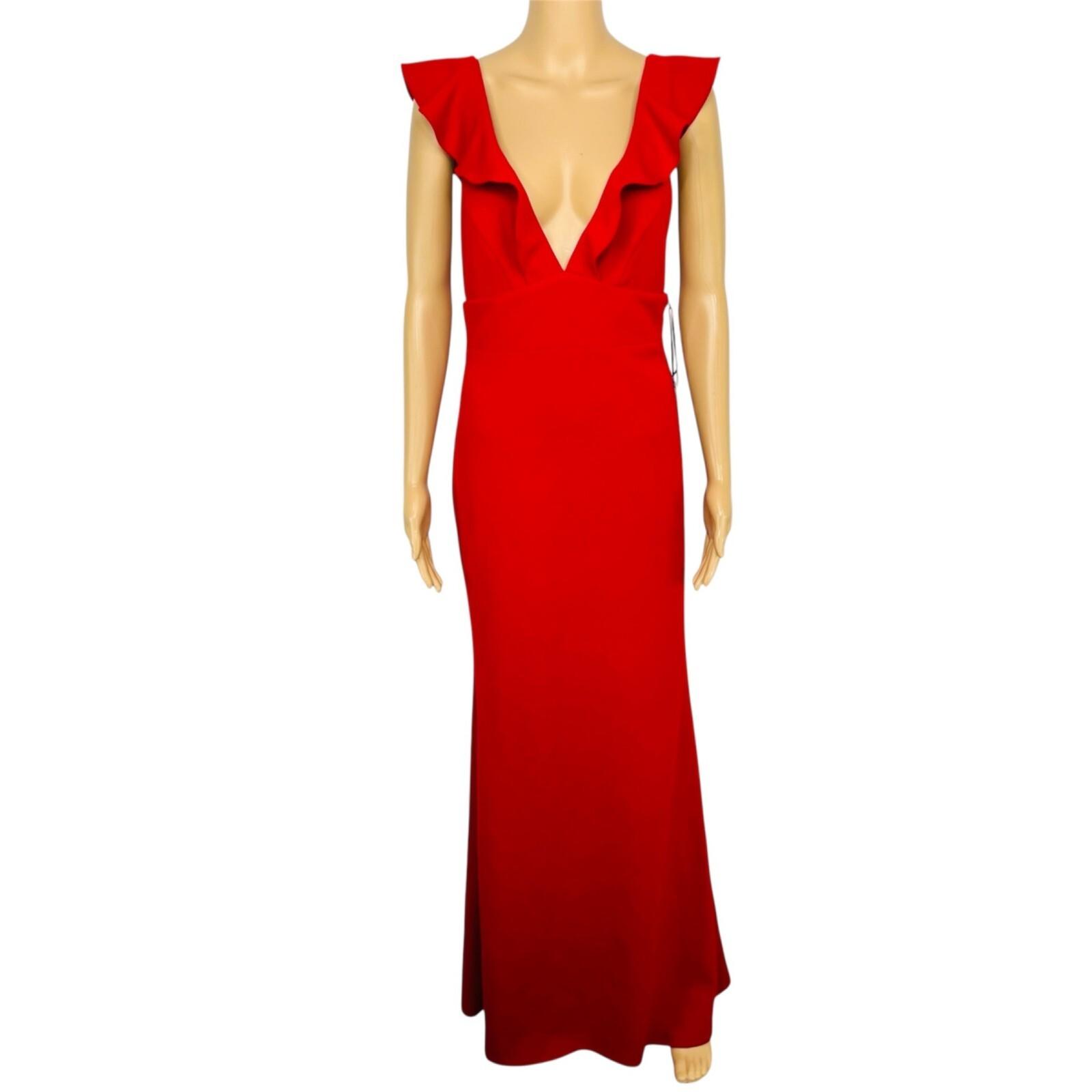 Lulus Maxi Stretch Gown Dress M Red V Neck Futtering Sleeves Romantic Mermaid He