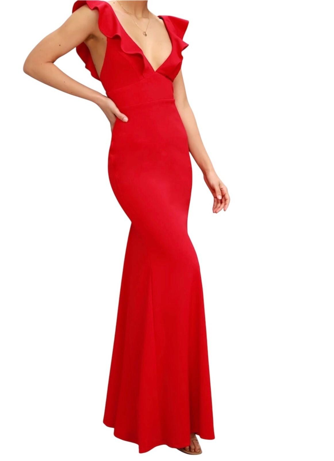 Lulus Maxi Stretch Gown Dress M Red V Neck Futtering Sleeves Romantic Mermaid He