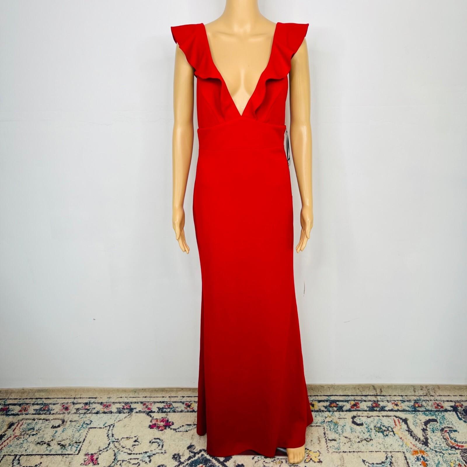 Lulus Maxi Stretch Gown Dress M Red V Neck Futtering Sleeves Romantic Mermaid He
