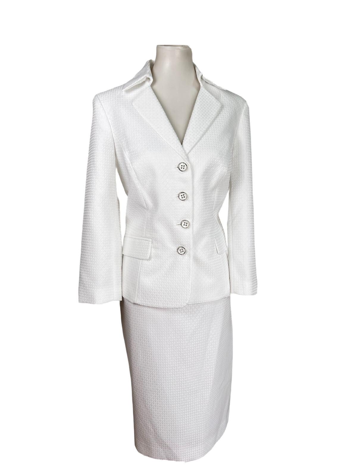 EMILY Polyester Skirt Suit Size 8 White Lined Notch Collar Twill  Cocktail 2PC
