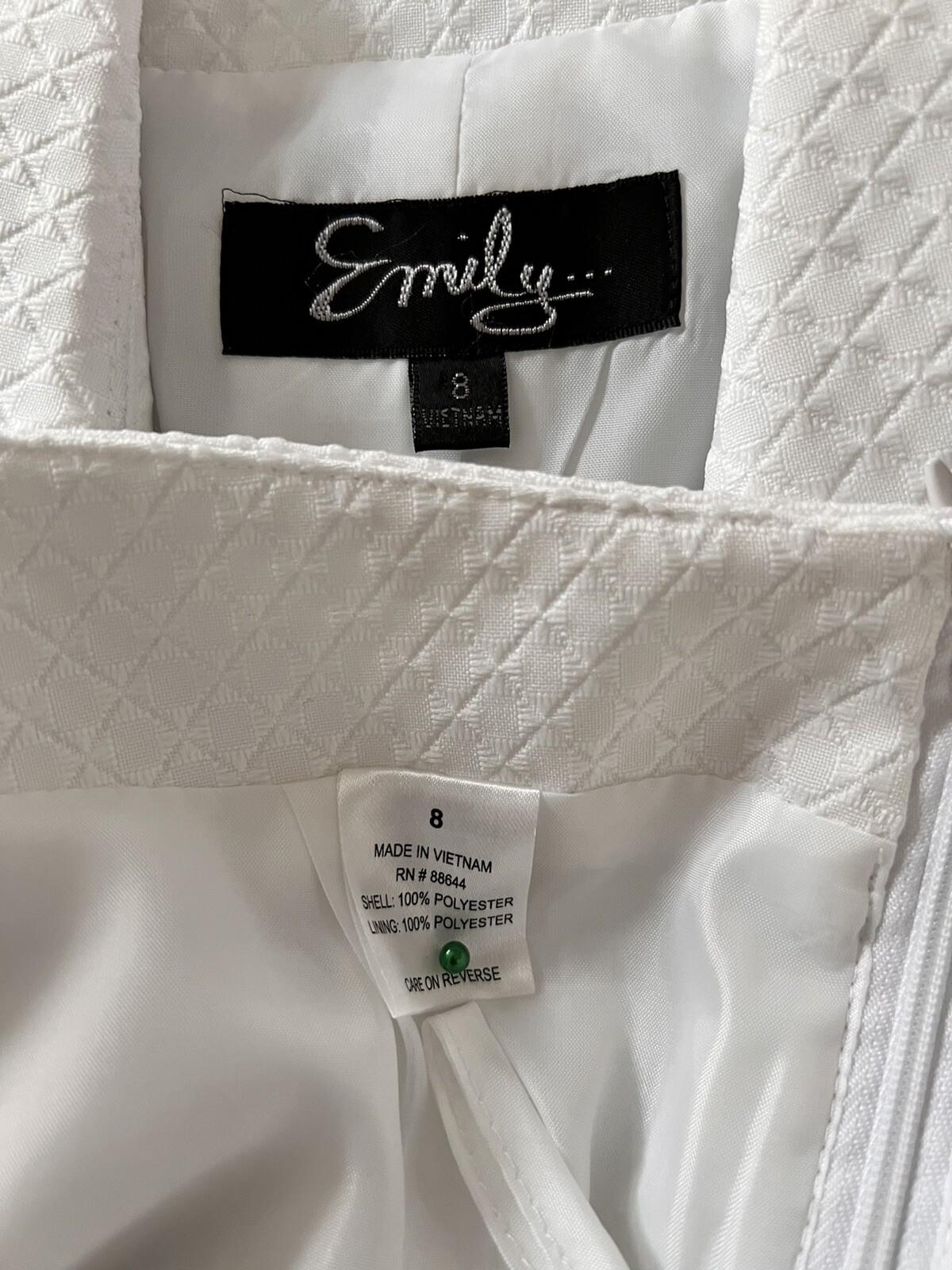 EMILY Polyester Skirt Suit Size 8 White Lined Notch Collar Twill  Cocktail 2PC