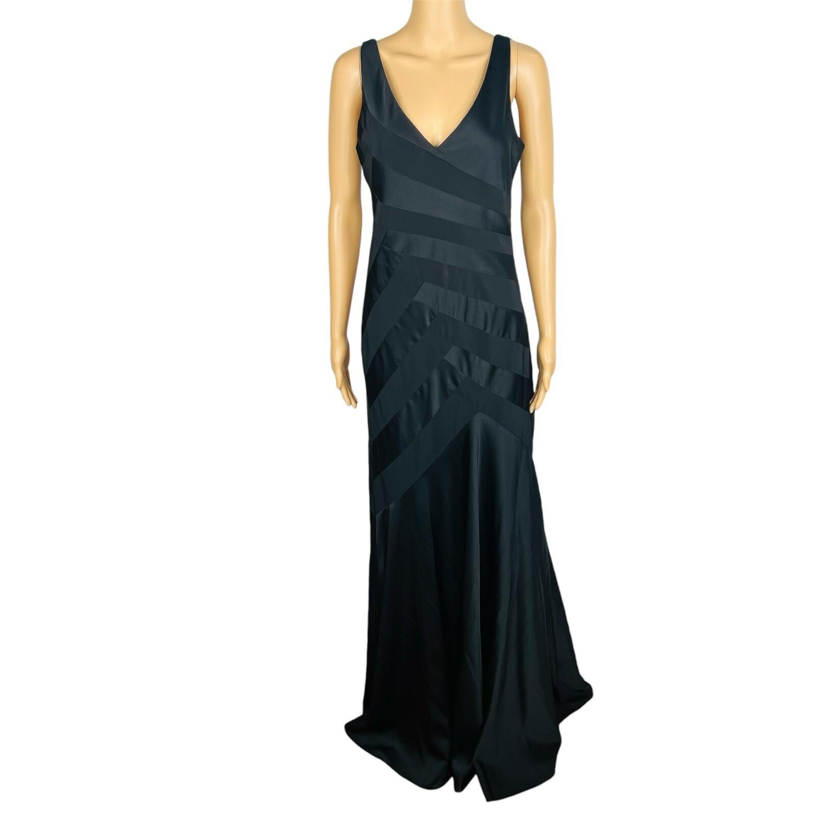 Calvin Klein Polyester Evening Gown Size M Black Sleeveless Ruffle Maxi V Neck