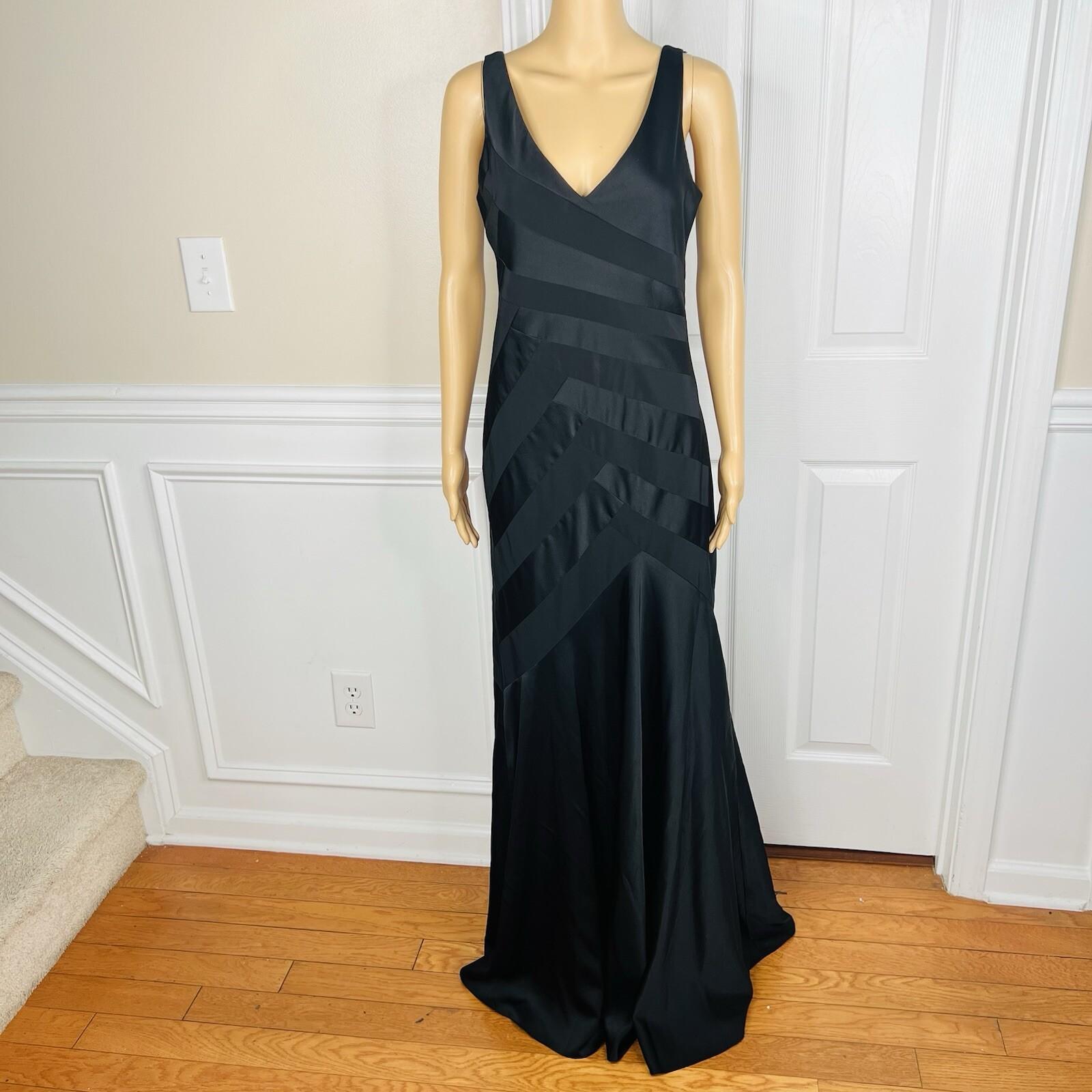 Calvin Klein Polyester Evening Gown Size M Black Sleeveless Ruffle Maxi V Neck