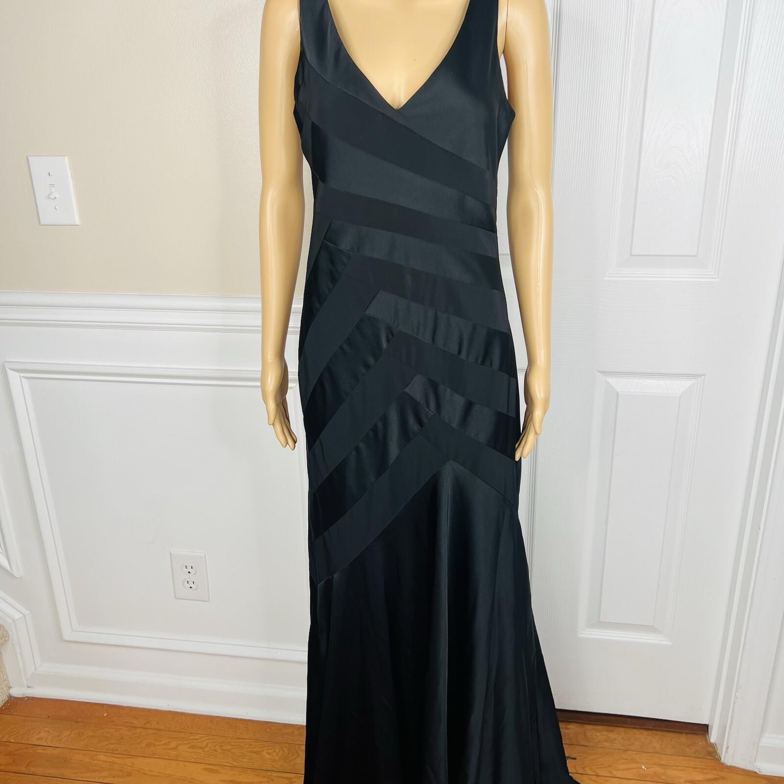 Calvin Klein Polyester Evening Gown Size M Black Sleeveless Ruffle Maxi V Neck