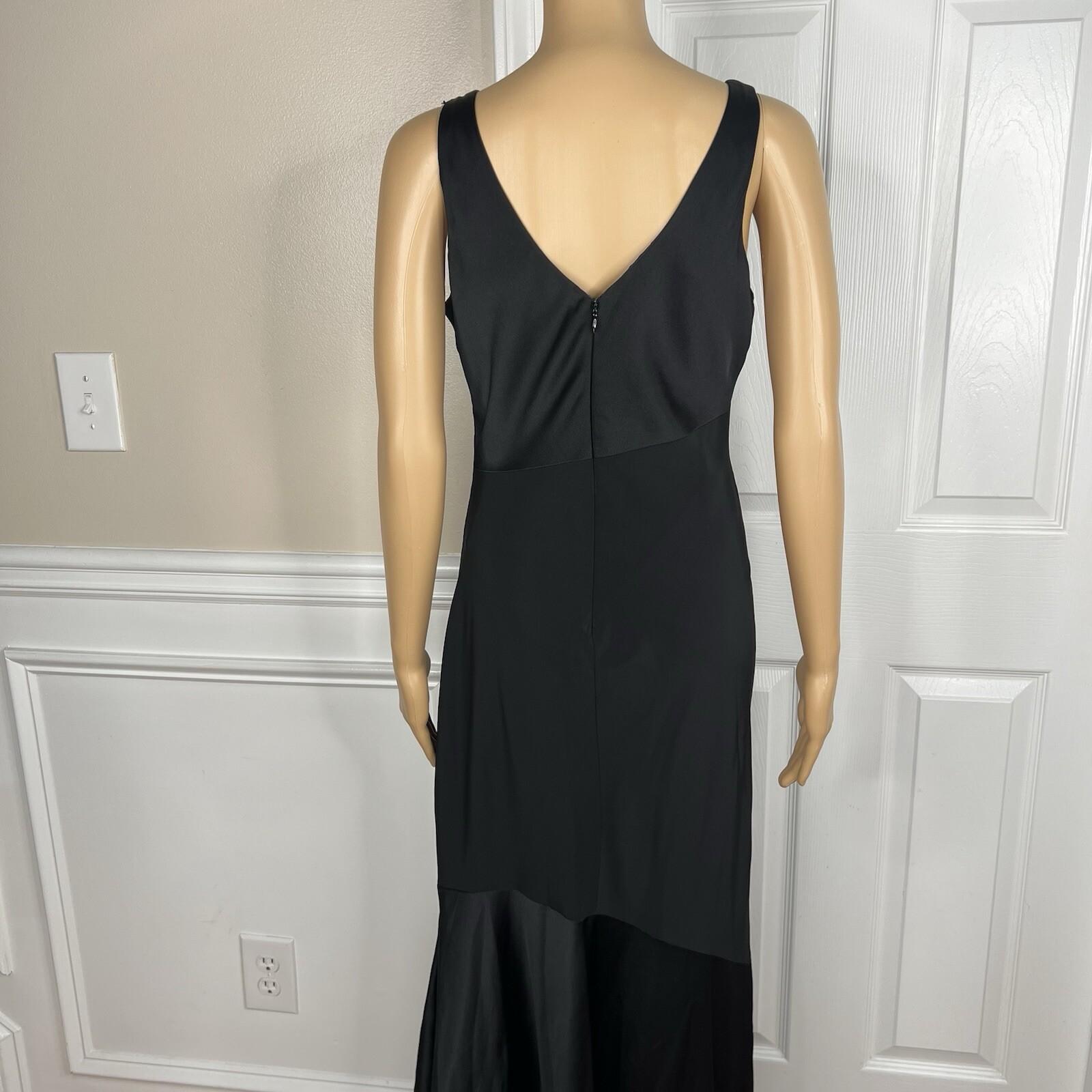 Calvin Klein Polyester Evening Gown Size M Black Sleeveless Ruffle Maxi V Neck