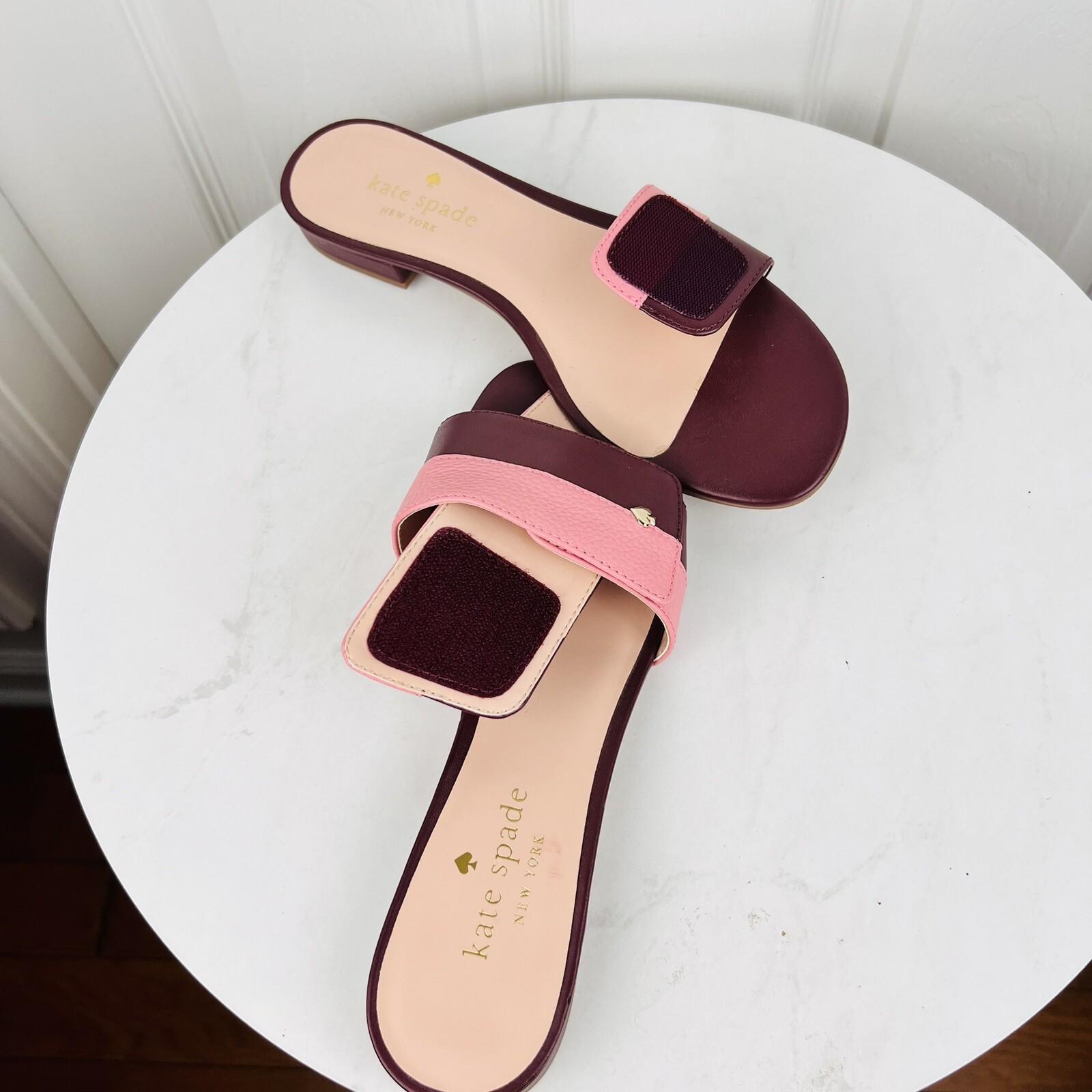 KATE SPADE Leather Maroon Pink Adjustable Strap Slip On Block Heel Sandals 7.5B