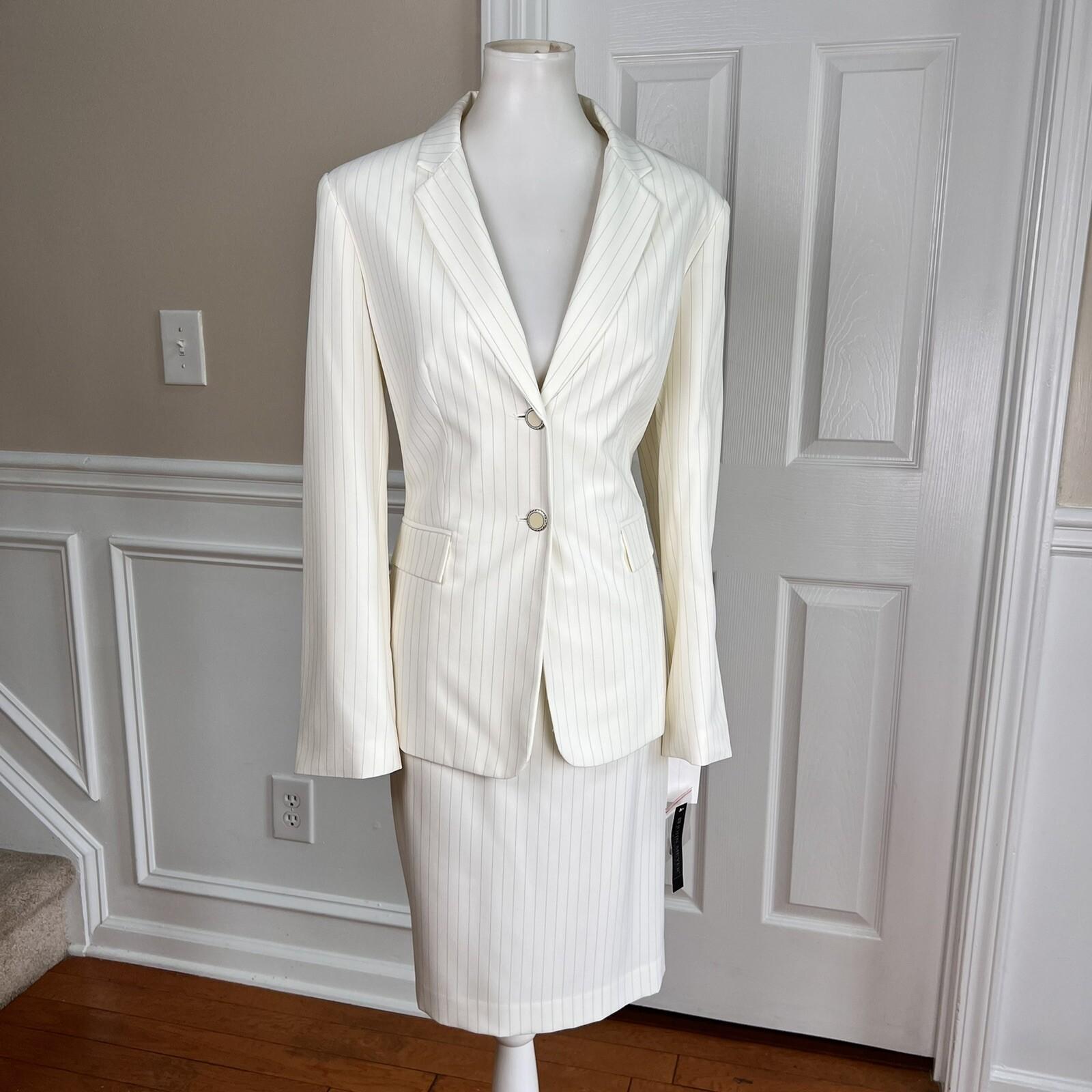 John Meyer Polyester Skirt Suit Size 10 Off White Striped Notch Collar 2PC New