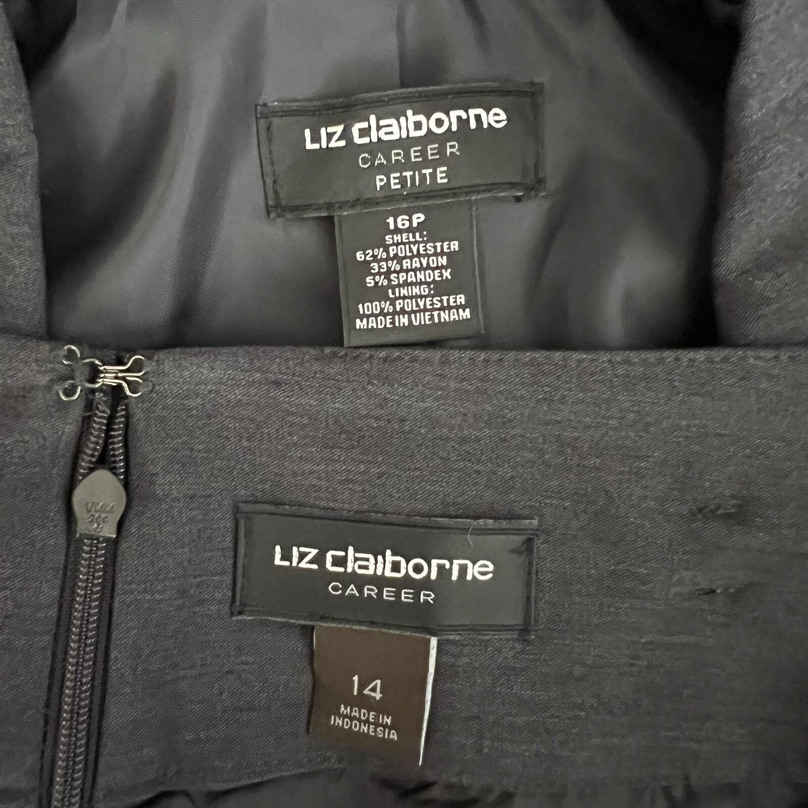 LIZ CLAIBORNE 2PC Charcoal Rayon Stretch Belted Skirt (Size 14) Suit (Size 16P)