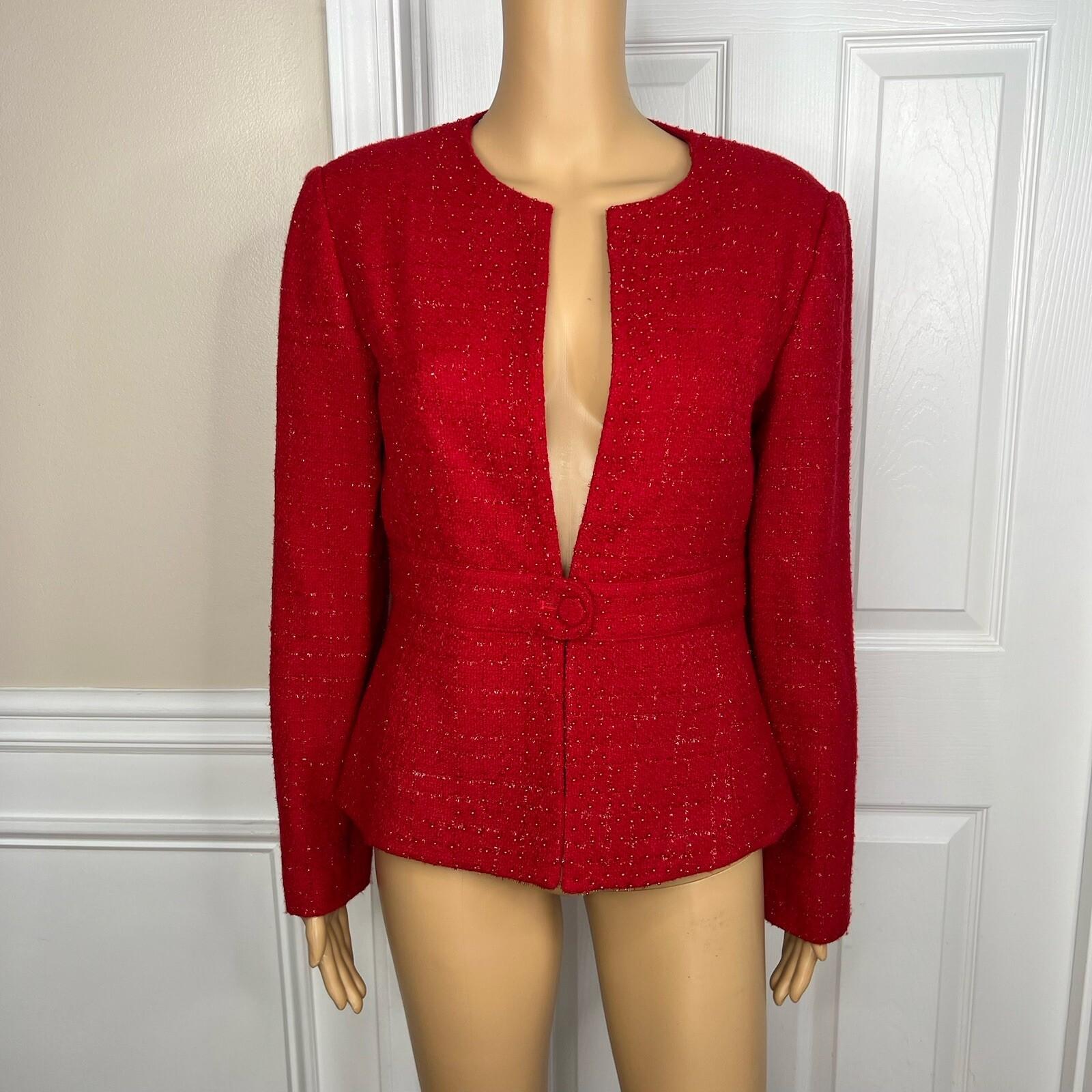 Adrianna Papell Acrylic Polyester Metallic Blazer Size 8 Red Beaded Collarless