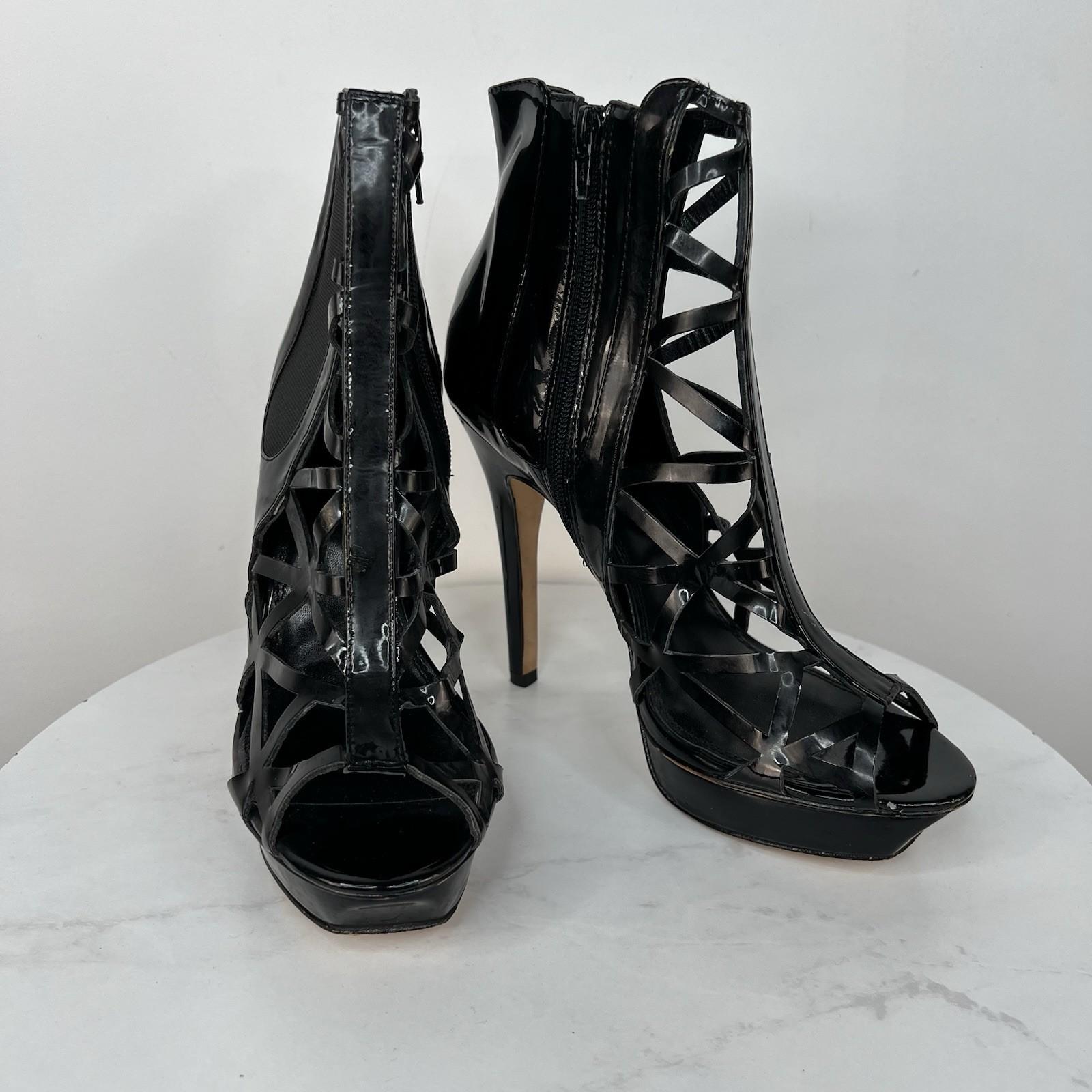 Bebe Patent Leather Booties Size 9M Black Caged  Peep Toe Stiletto Heels Zip