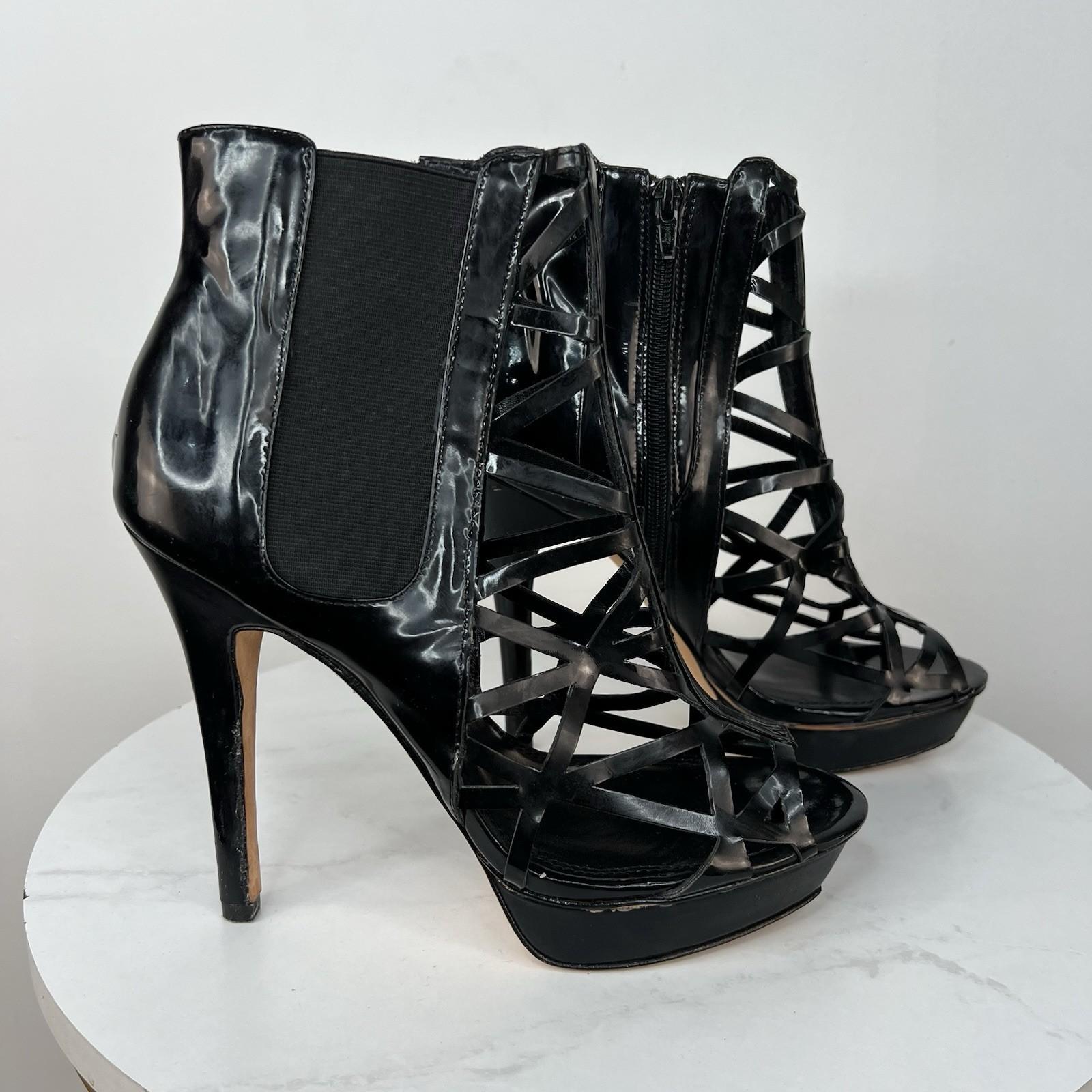 Bebe Patent Leather Booties Size 9M Black Caged  Peep Toe Stiletto Heels Zip