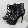 Bebe Patent Leather Booties Size 9M Black Caged  Peep Toe Stiletto Heels Zip