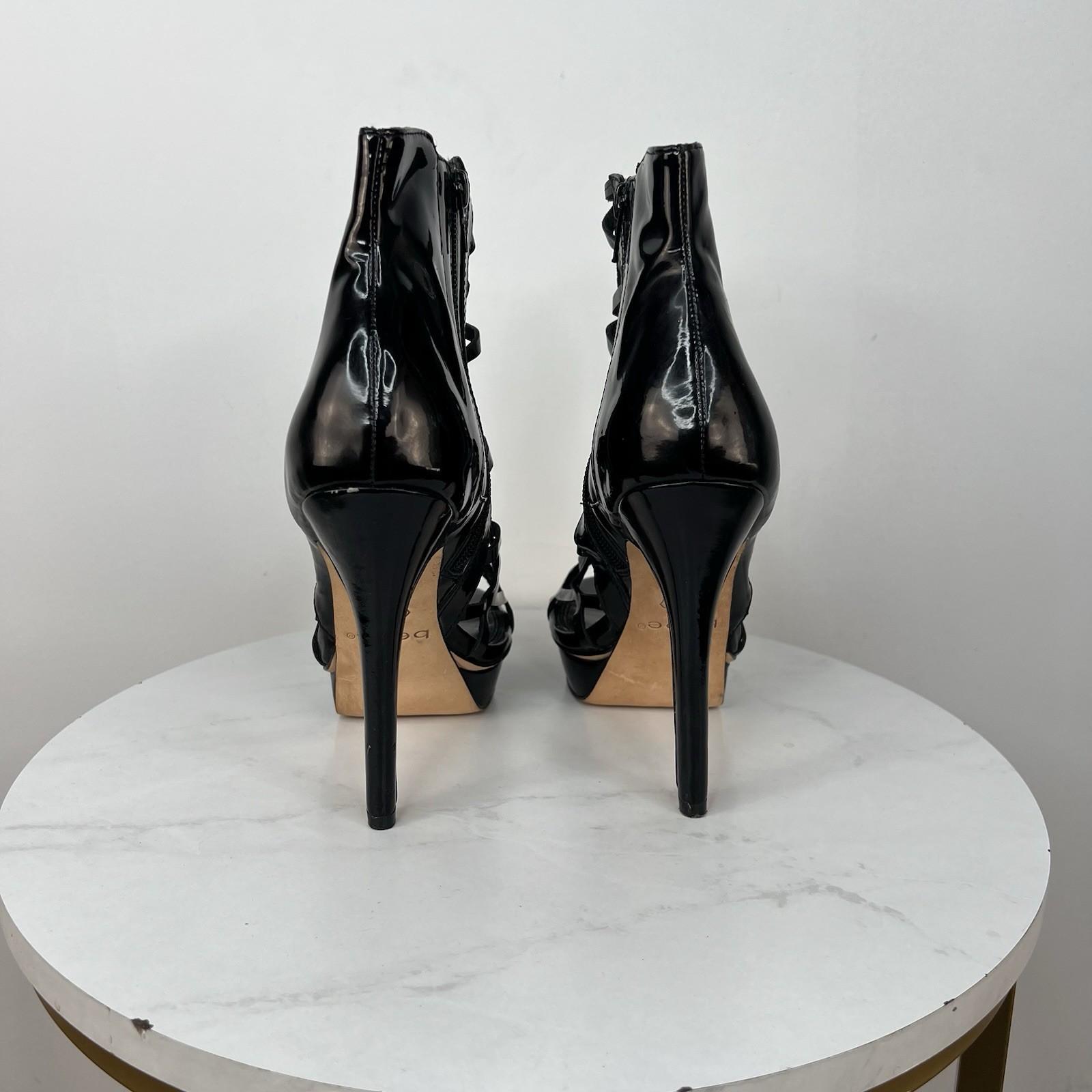 Bebe Patent Leather Booties Size 9M Black Caged  Peep Toe Stiletto Heels Zip