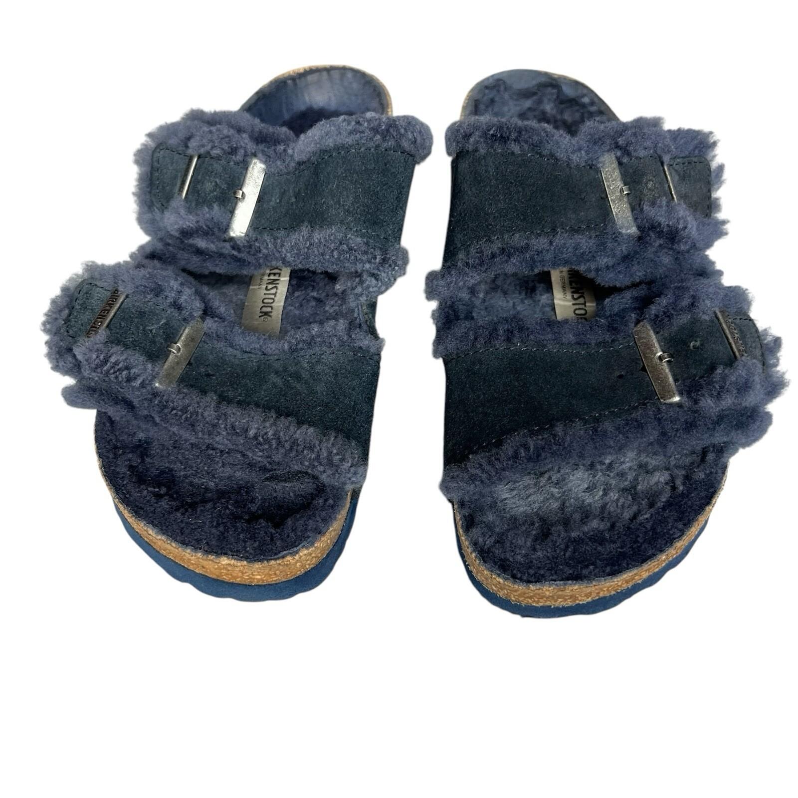 Birkenstock Arizona Navy Shearling Suede Sandals EU 36 US 6 Two Straps Buckle