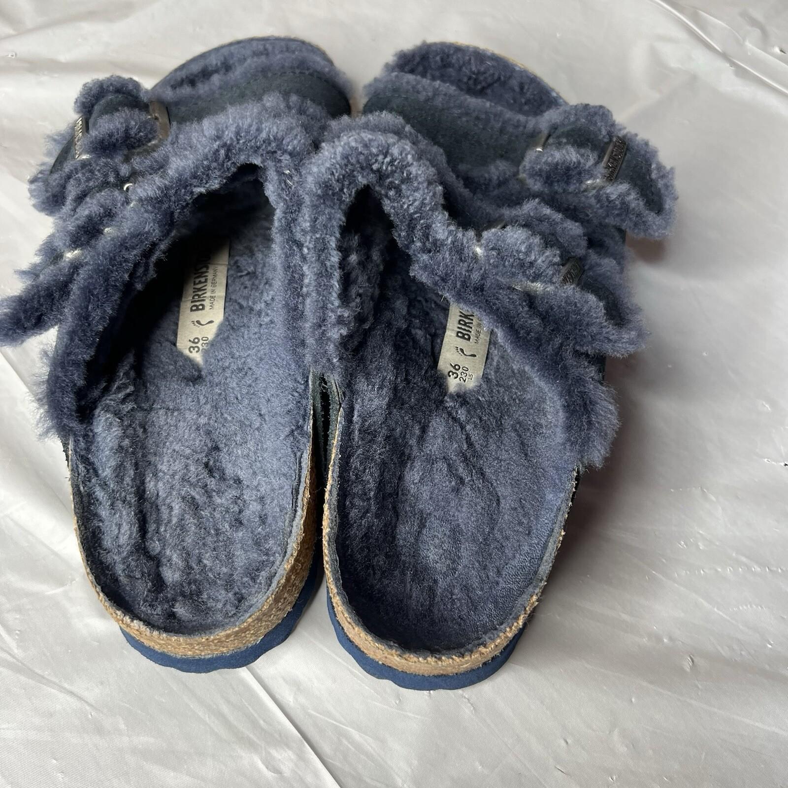 Birkenstock Arizona Navy Shearling Suede Sandals EU 36 US 6 Two Straps Buckle