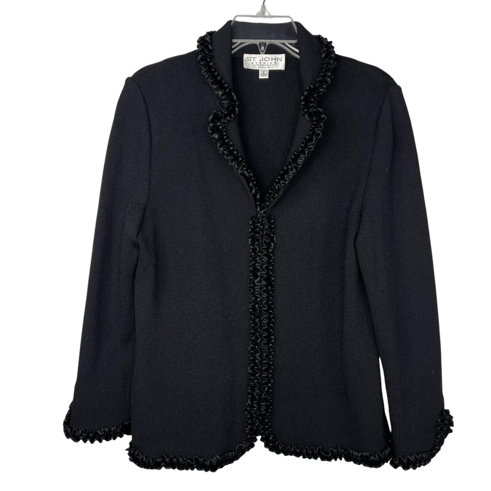 St John Evening By Marie Gray Blazer Size 6 Black Knit Ruffle Hem V Neck Stretch