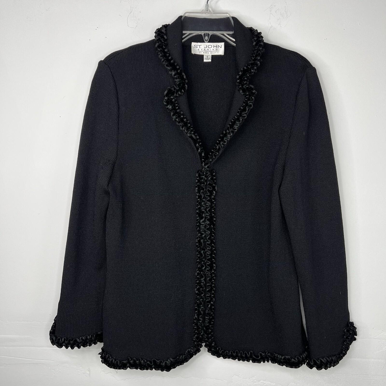 St John Evening By Marie Gray Blazer Size 6 Black Knit Ruffle Hem V Neck Stretch