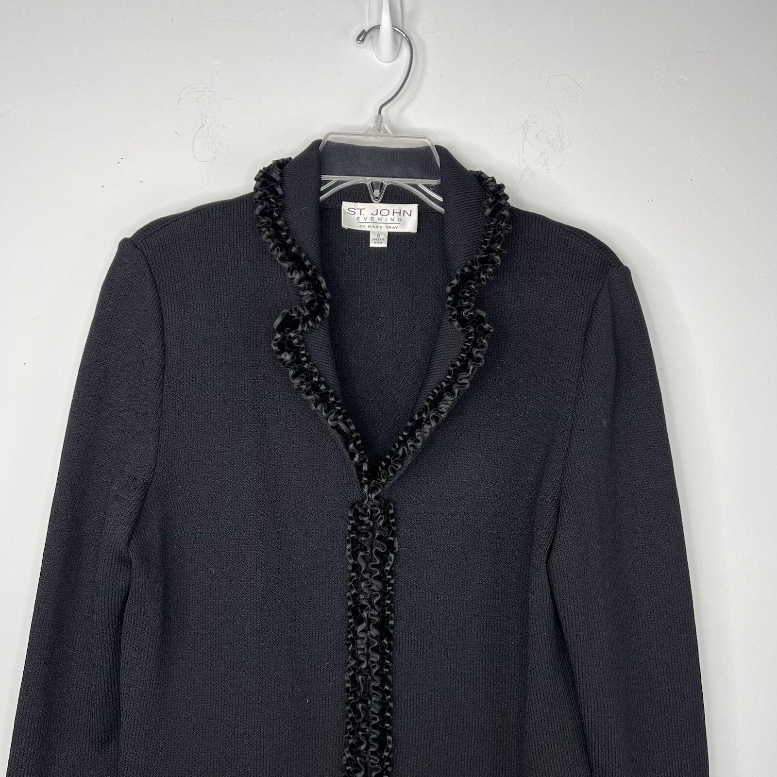St John Evening By Marie Gray Blazer Size 6 Black Knit Ruffle Hem V Neck Stretch