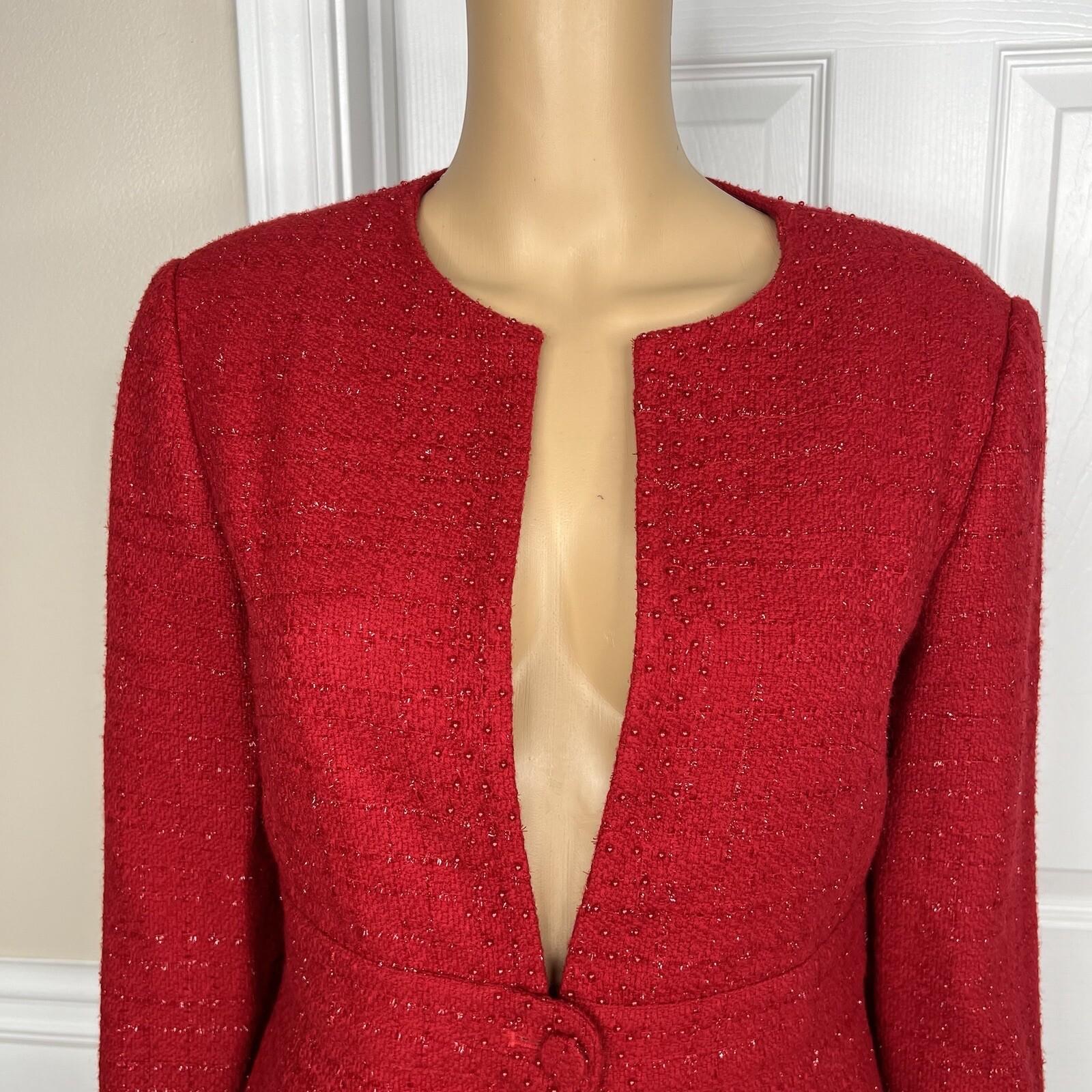 Adrianna Papell Acrylic Polyester Metallic Blazer Size 8 Red Beaded Collarless