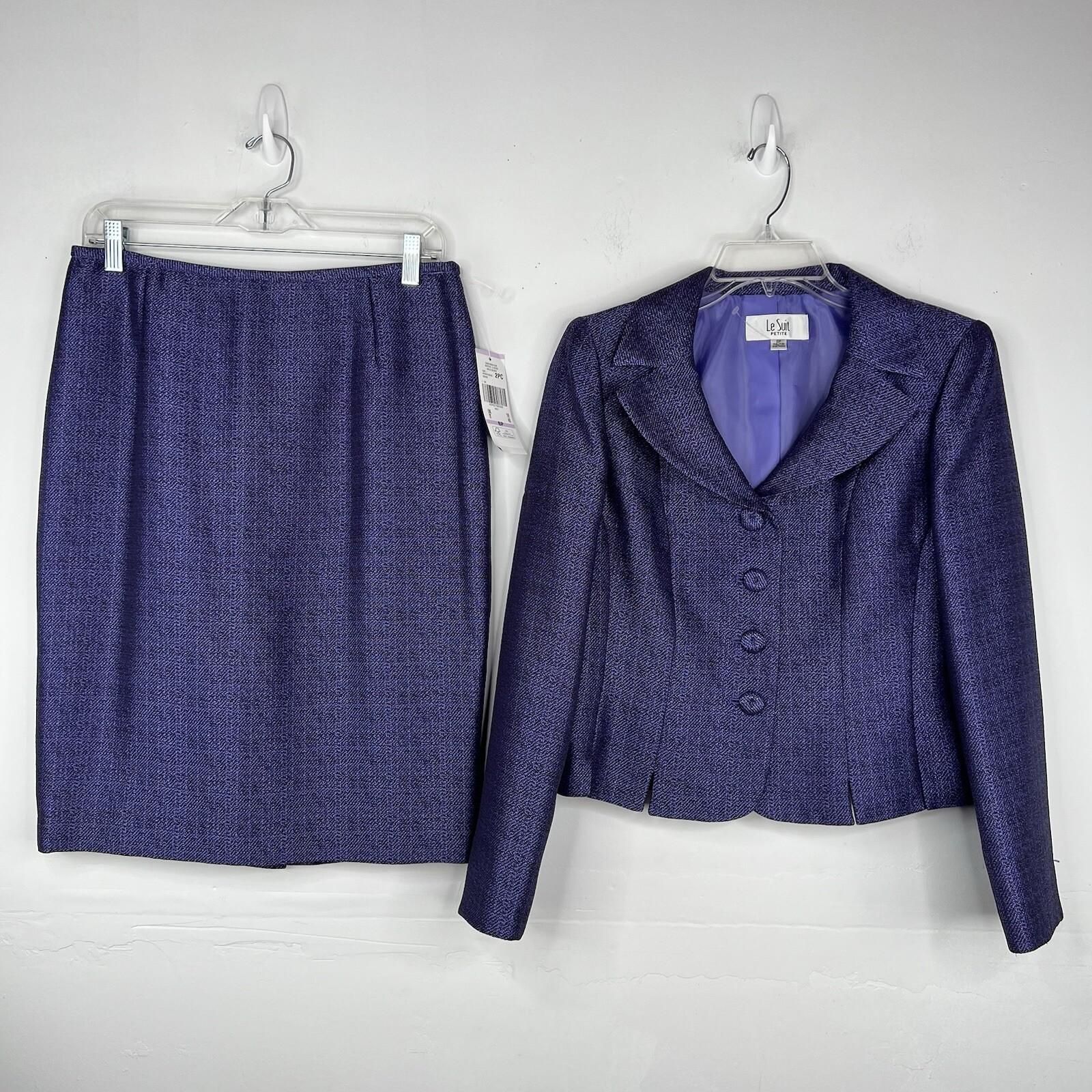 Le Suit Polyester Metallic Skirt Suit Size 6P Purple Wide Notch Collar 2PC New