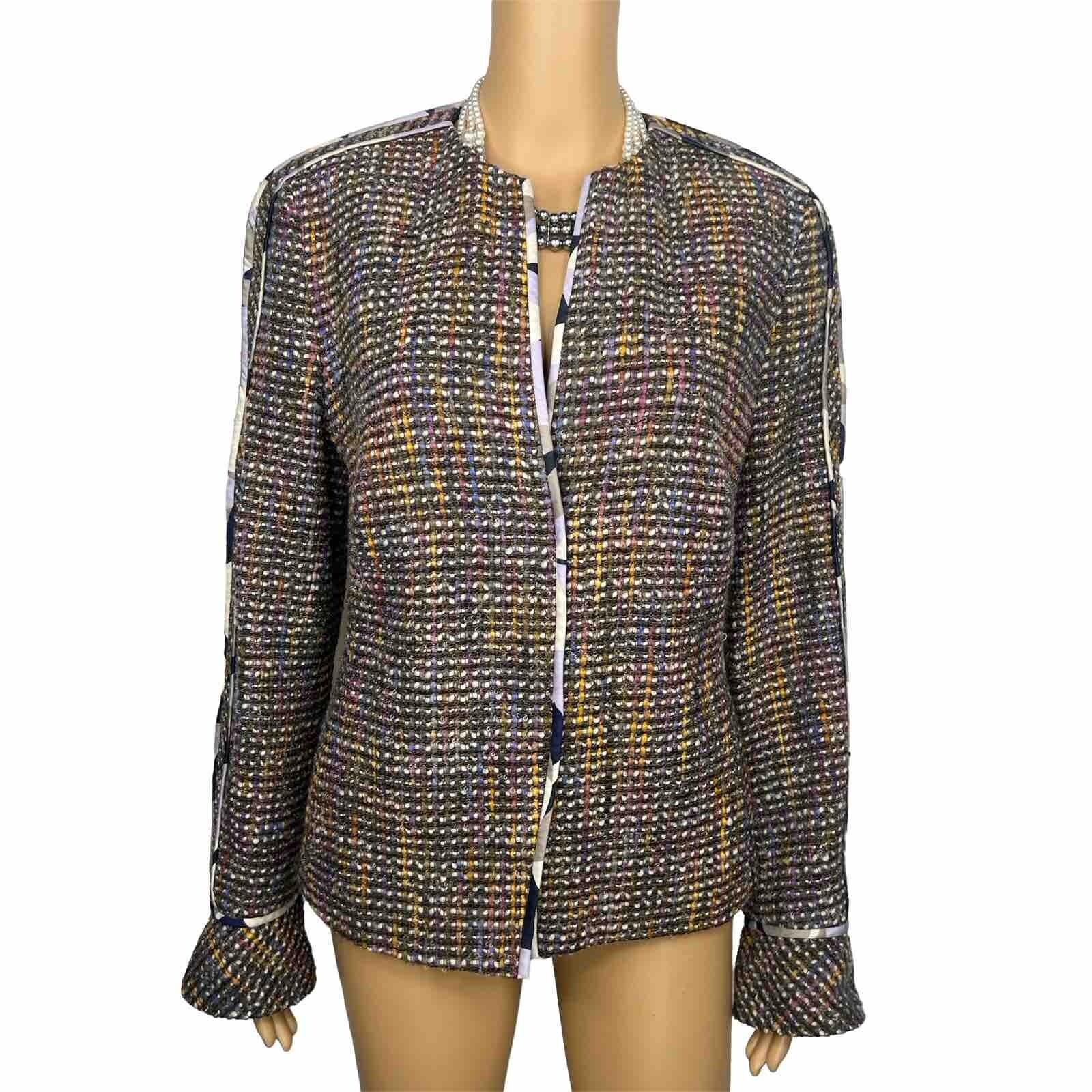 10-7126.jpg Feraud Upper Cloth Virgin Wool Silk Blazer Size 12 Multicolor Bell Sleeves Lined