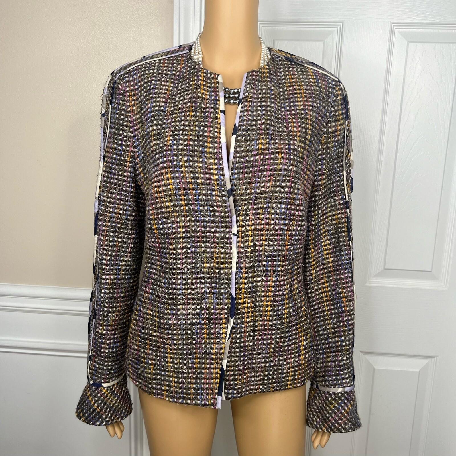 10-7127.jpg Feraud Upper Cloth Virgin Wool Silk Blazer Size 12 Multicolor Bell Sleeves Lined