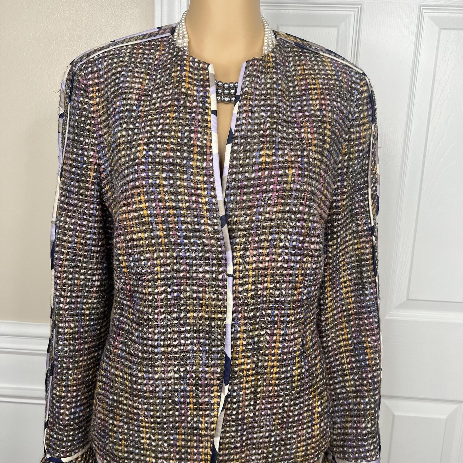 10-7128.jpg Feraud Upper Cloth Virgin Wool Silk Blazer Size 12 Multicolor Bell Sleeves Lined