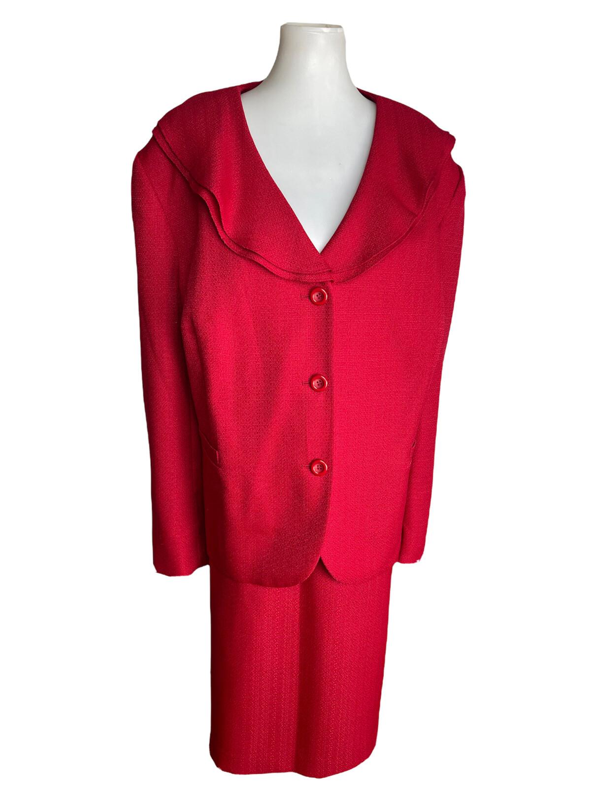 10-7134.jpg New EMILY Women 2PC Red Polyester Ruffle Collarless Skirt Suit Size 32W MSRP0