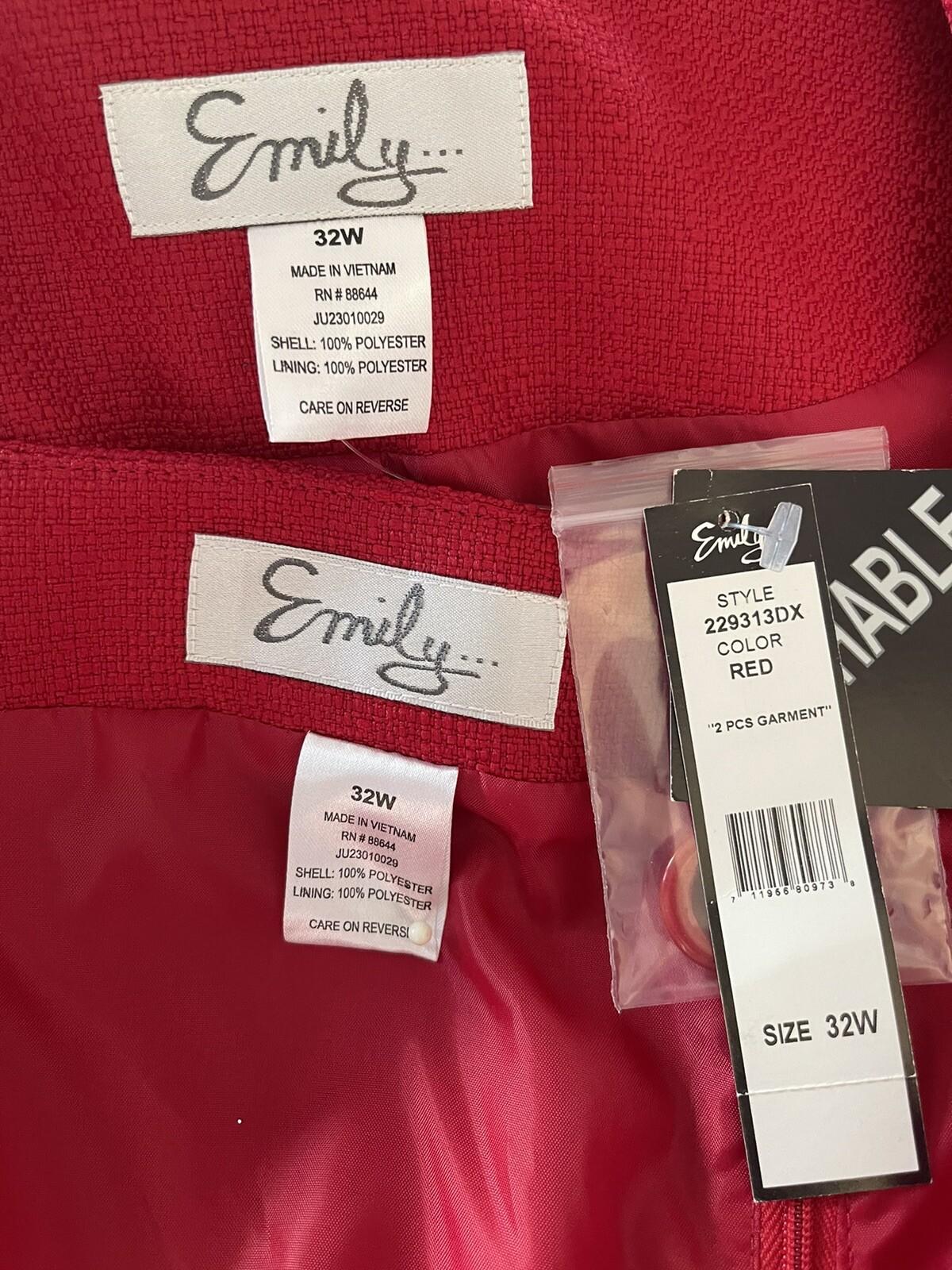 10-7144.jpg New EMILY Women 2PC Red Polyester Ruffle Collarless Skirt Suit Size 32W MSRP0