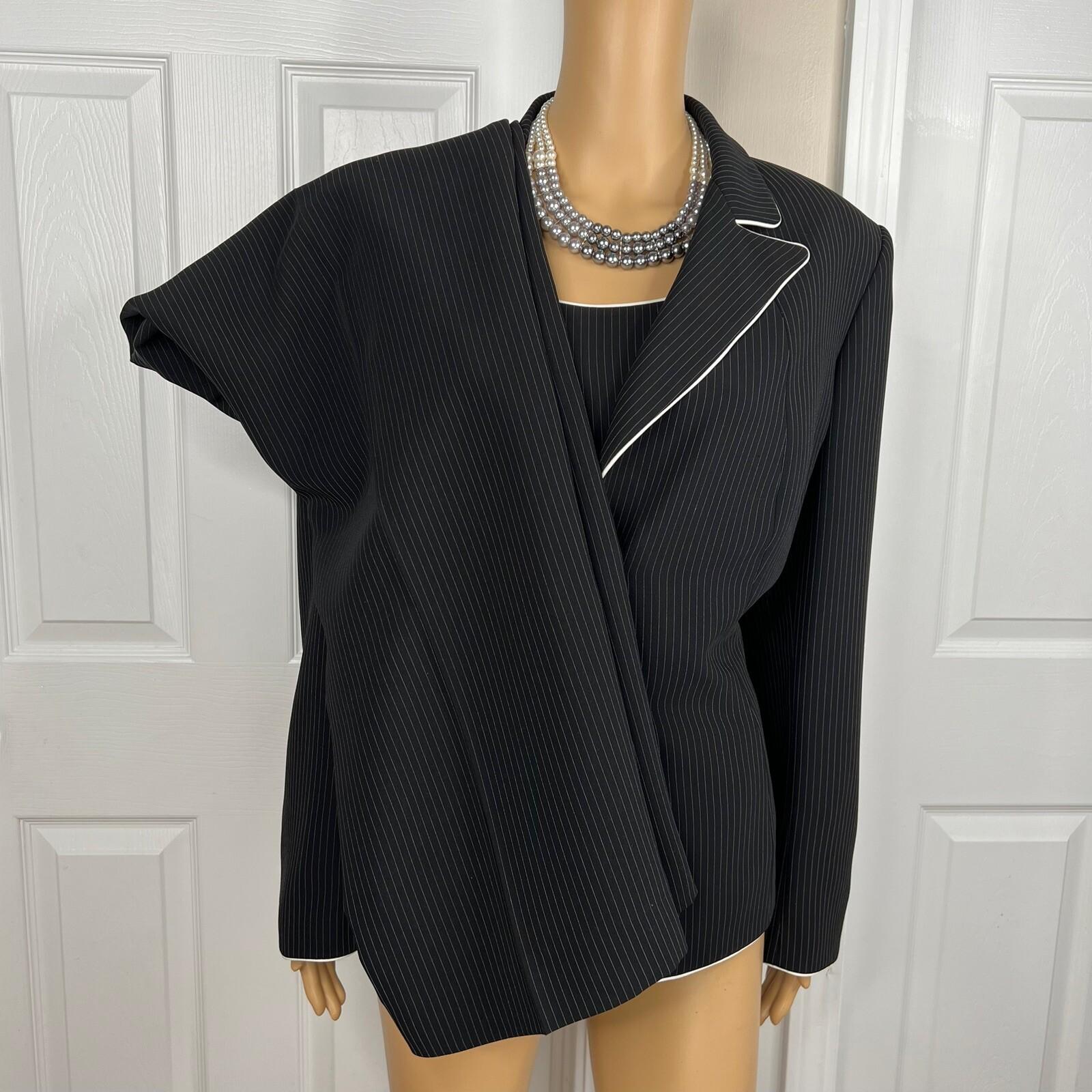 Tahari ASL Polyester Blend Pant Suit Top Size 16P Black Striped Lined 3PC Career