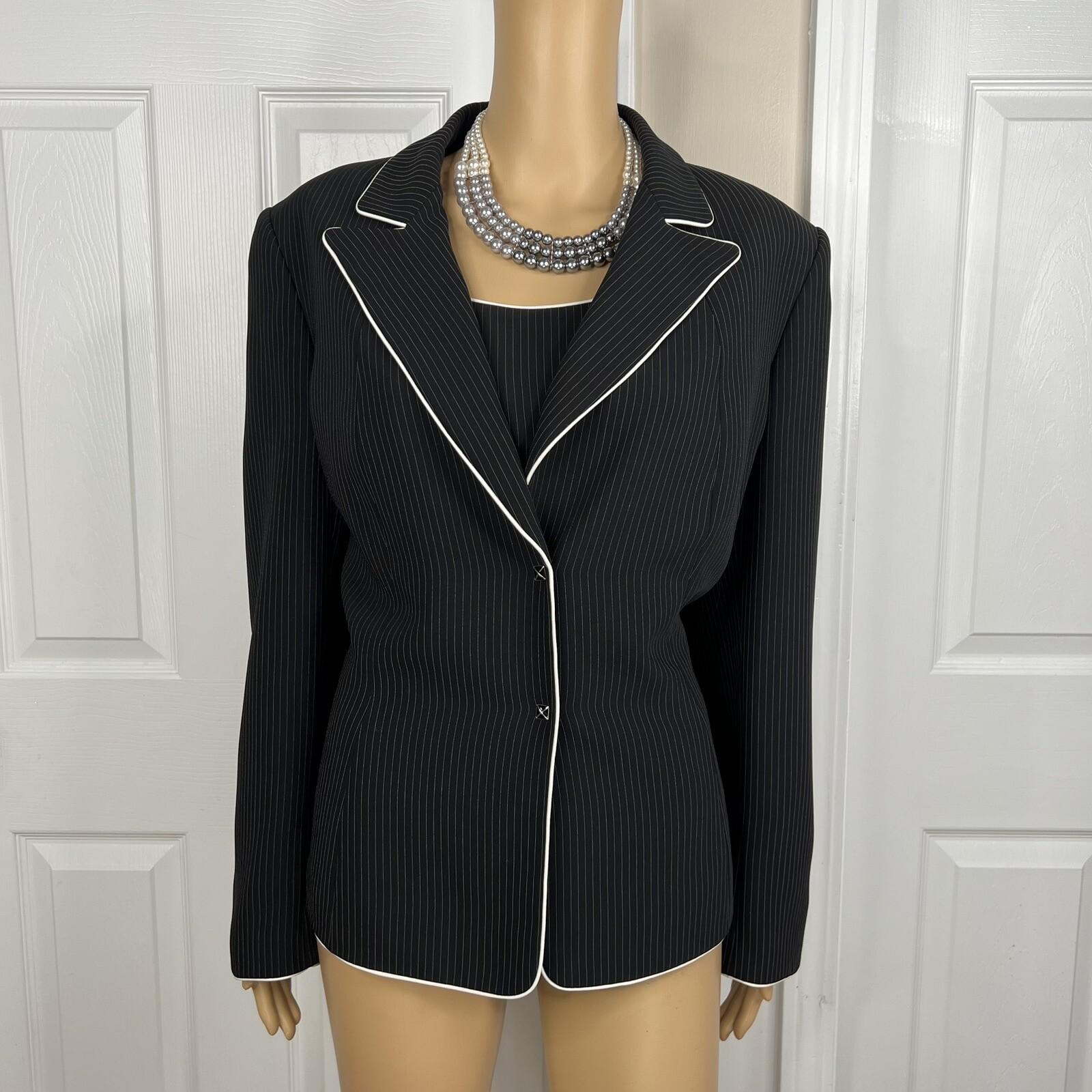 Tahari ASL Polyester Blend Pant Suit Top Size 16P Black Striped Lined 3PC Career