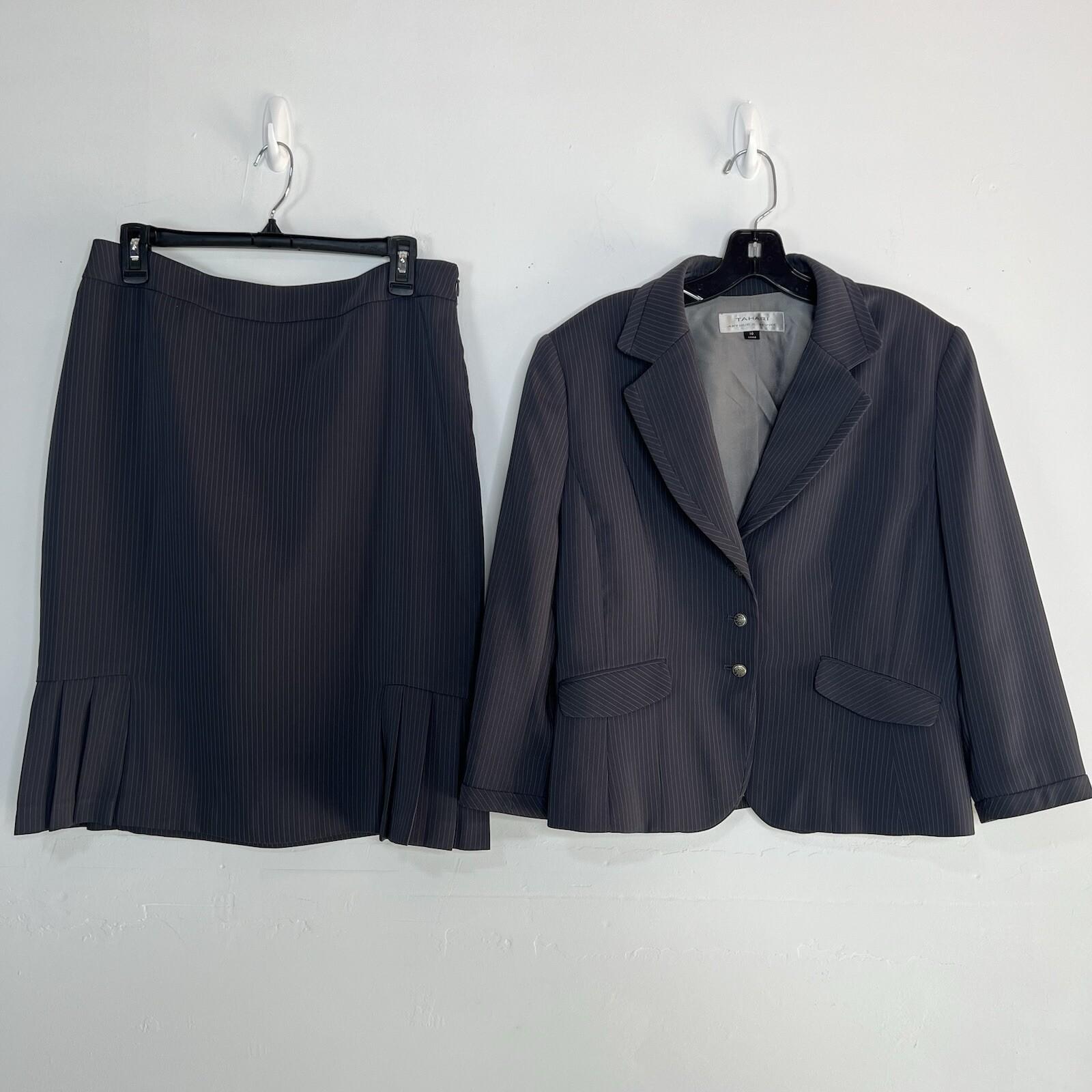 Tahari ASL Rayon Polyester Skirt Suit Size 10 Gray Striped Notch Collar 2PC