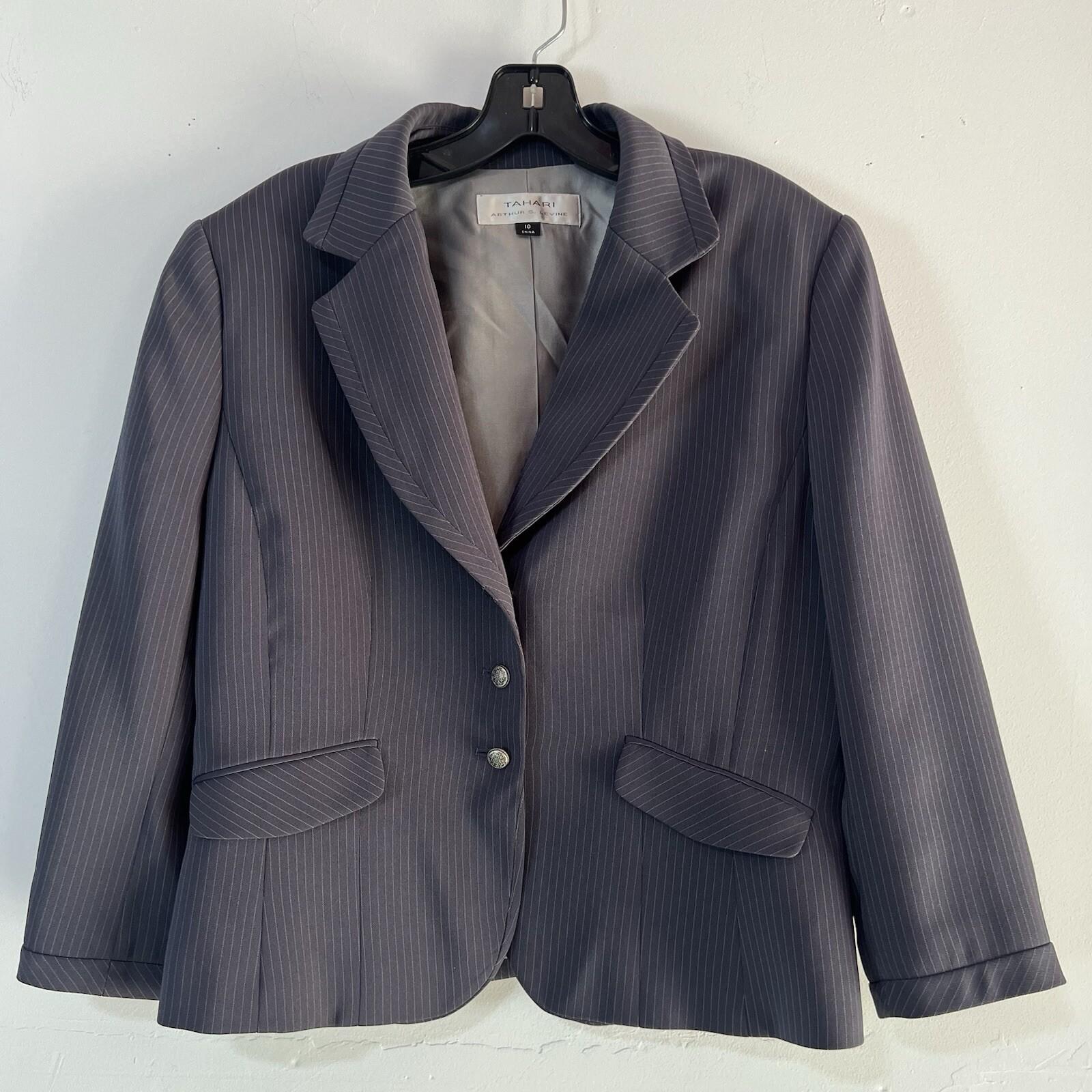 Tahari ASL Rayon Polyester Skirt Suit Size 10 Gray Striped Notch Collar 2PC
