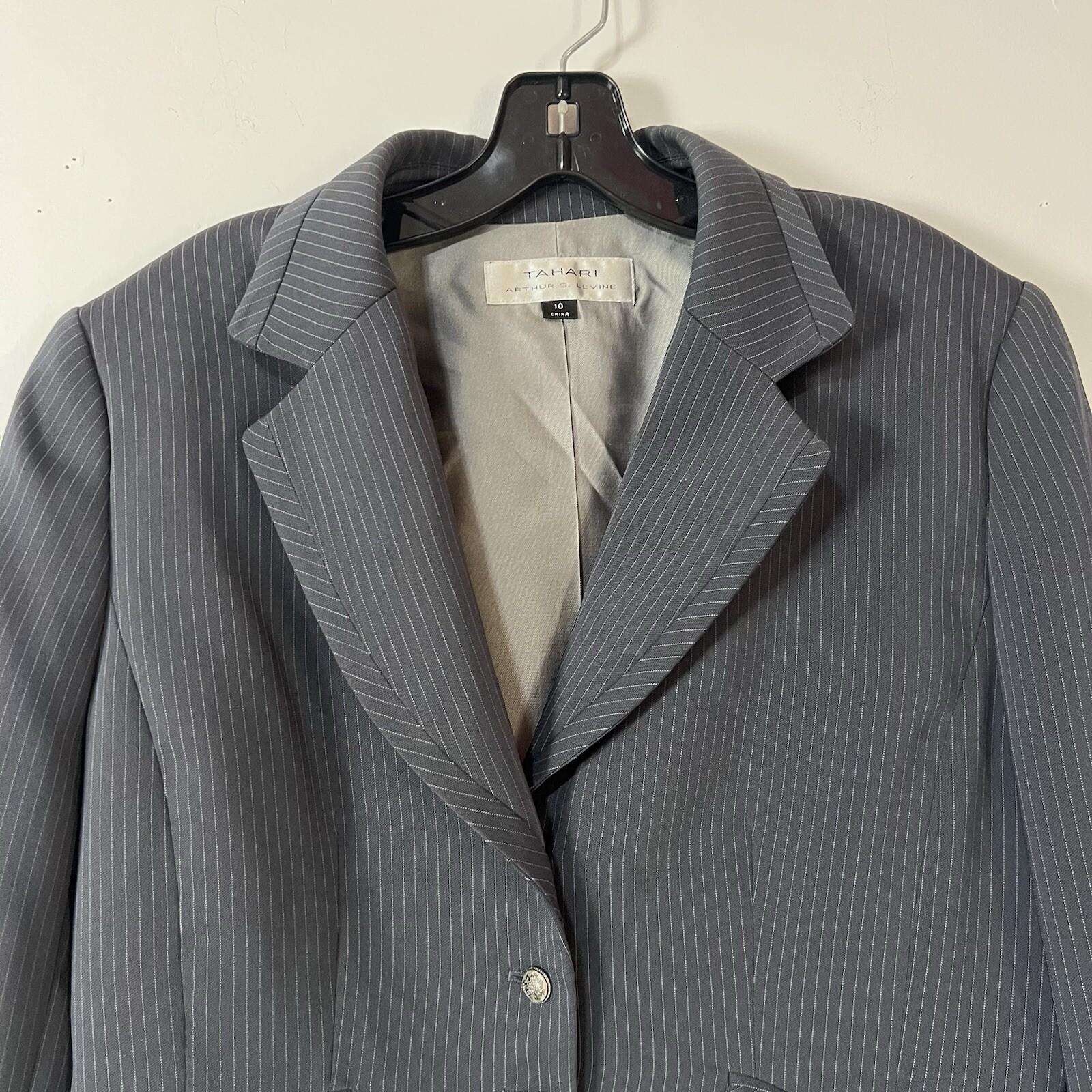 Tahari ASL Rayon Polyester Skirt Suit Size 10 Gray Striped Notch Collar 2PC