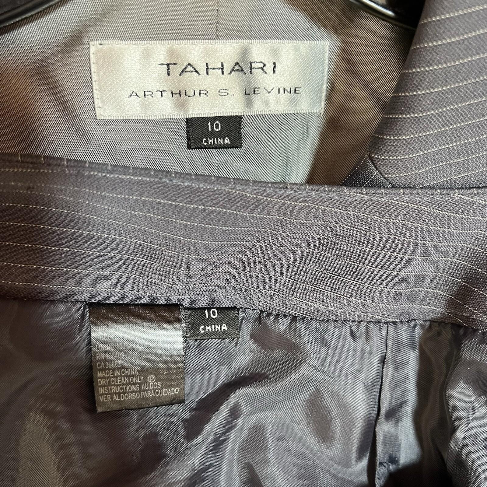 Tahari ASL Rayon Polyester Skirt Suit Size 10 Gray Striped Notch Collar 2PC