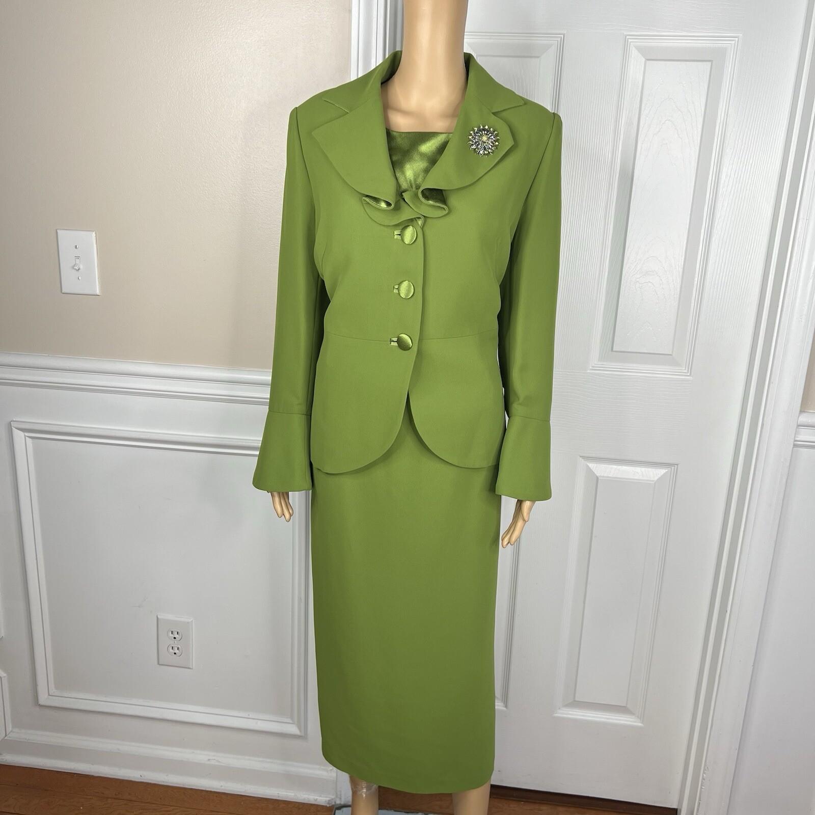 Moshita Couture Polyester Skirt Top Suit 14 Green Ruffle Bell Sleeves 3PC