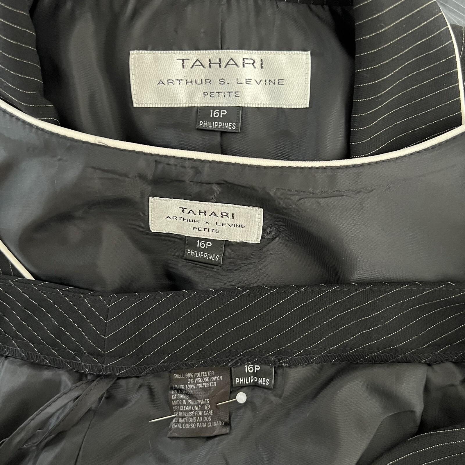 Tahari ASL Polyester Blend Pant Suit Top Size 16P Black Striped Lined 3PC Career