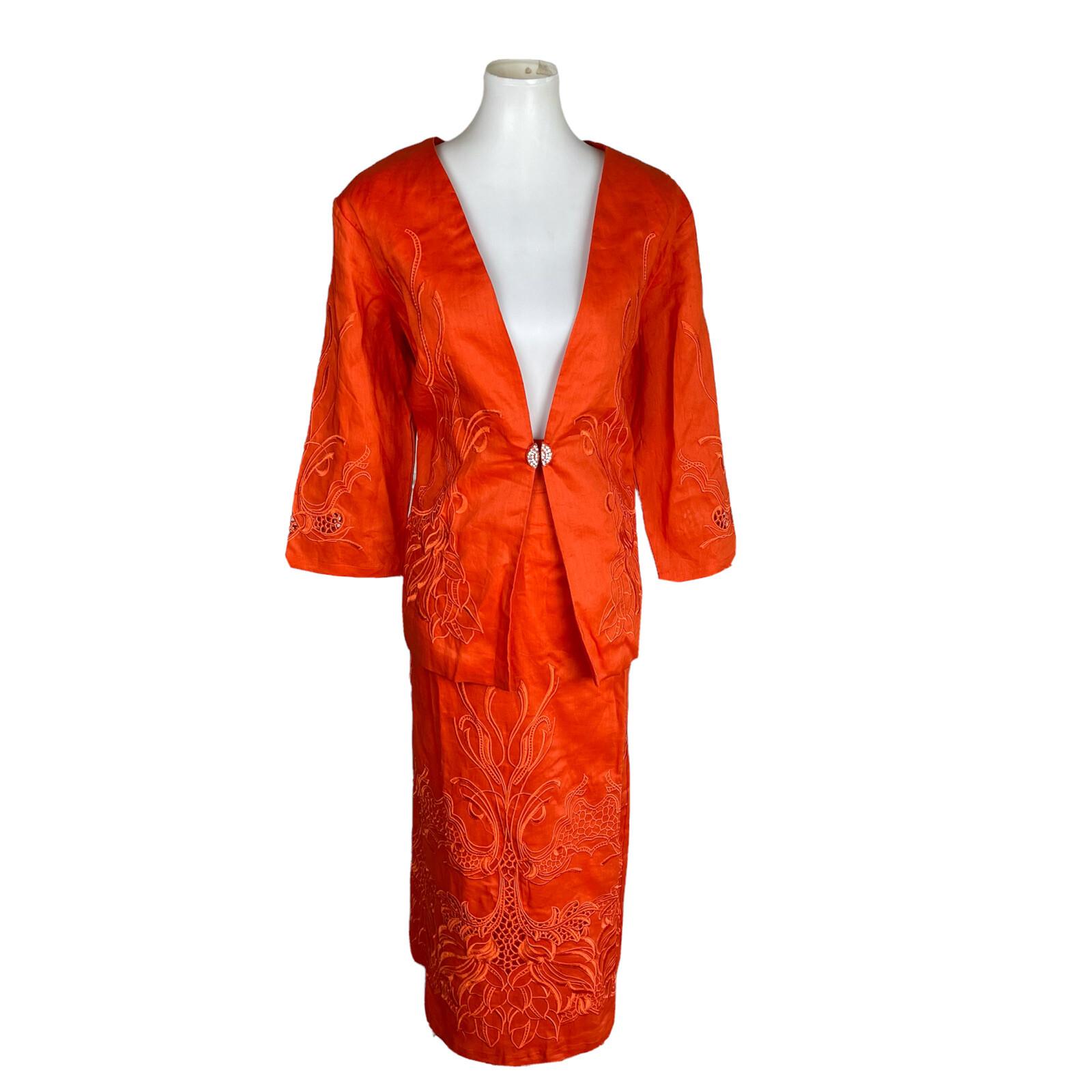 New EY BOUTIQUE 2PC Orange Linen Embroidered Collarless Skirt Suit Size XL