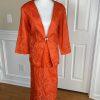 New EY BOUTIQUE 2PC Orange Linen Embroidered Collarless Skirt Suit Size XL