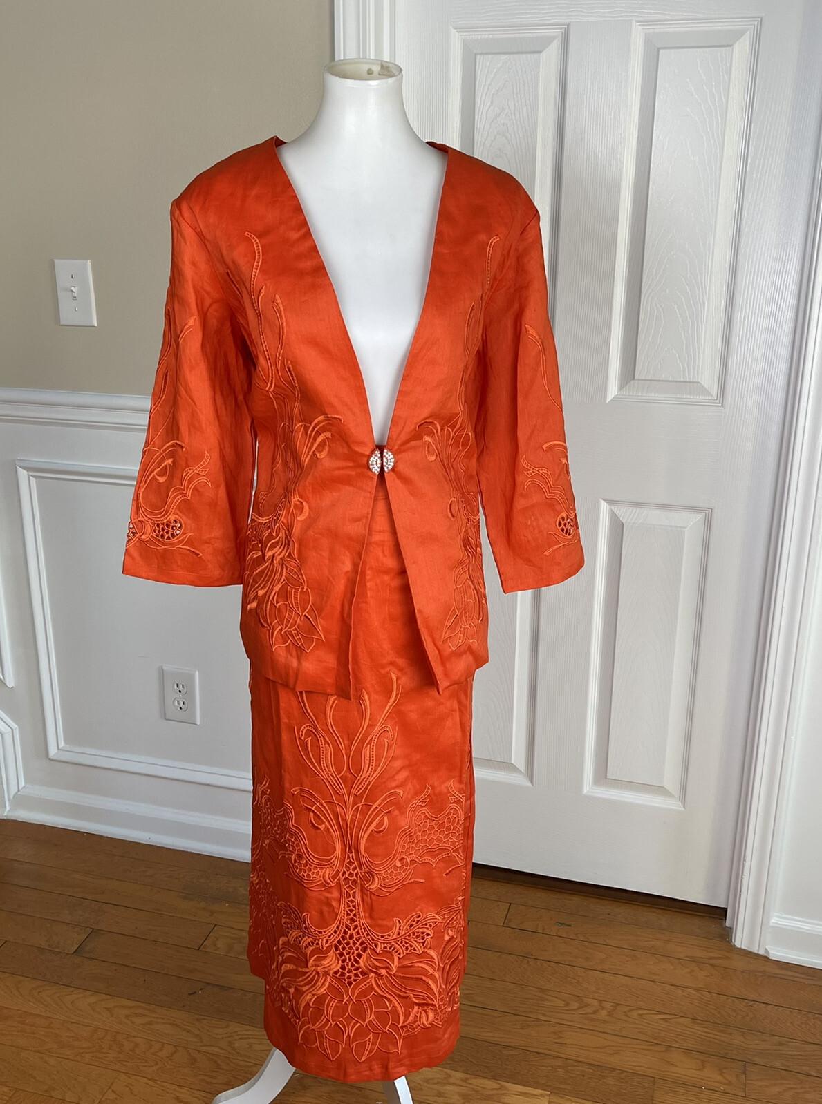 New EY BOUTIQUE 2PC Orange Linen Embroidered Collarless Skirt Suit Size XL