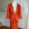 New EY BOUTIQUE 2PC Orange Linen Embroidered Collarless Skirt Suit Size XL