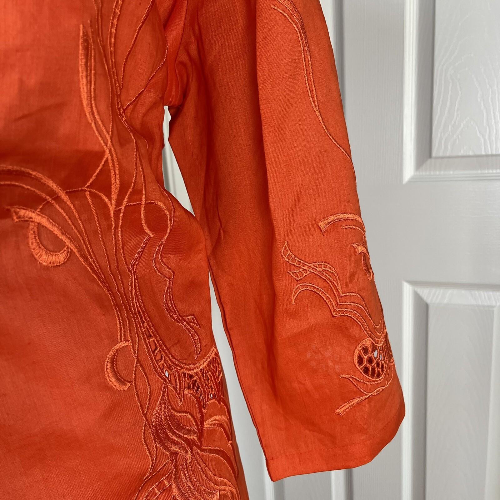 New EY BOUTIQUE 2PC Orange Linen Embroidered Collarless Skirt Suit Size XL
