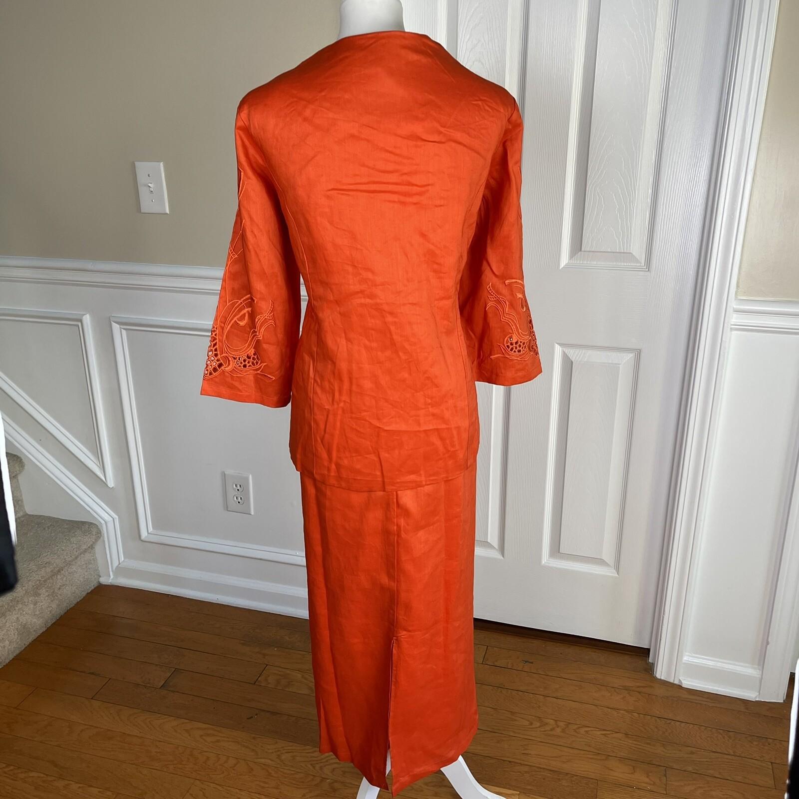 New EY BOUTIQUE 2PC Orange Linen Embroidered Collarless Skirt Suit Size XL