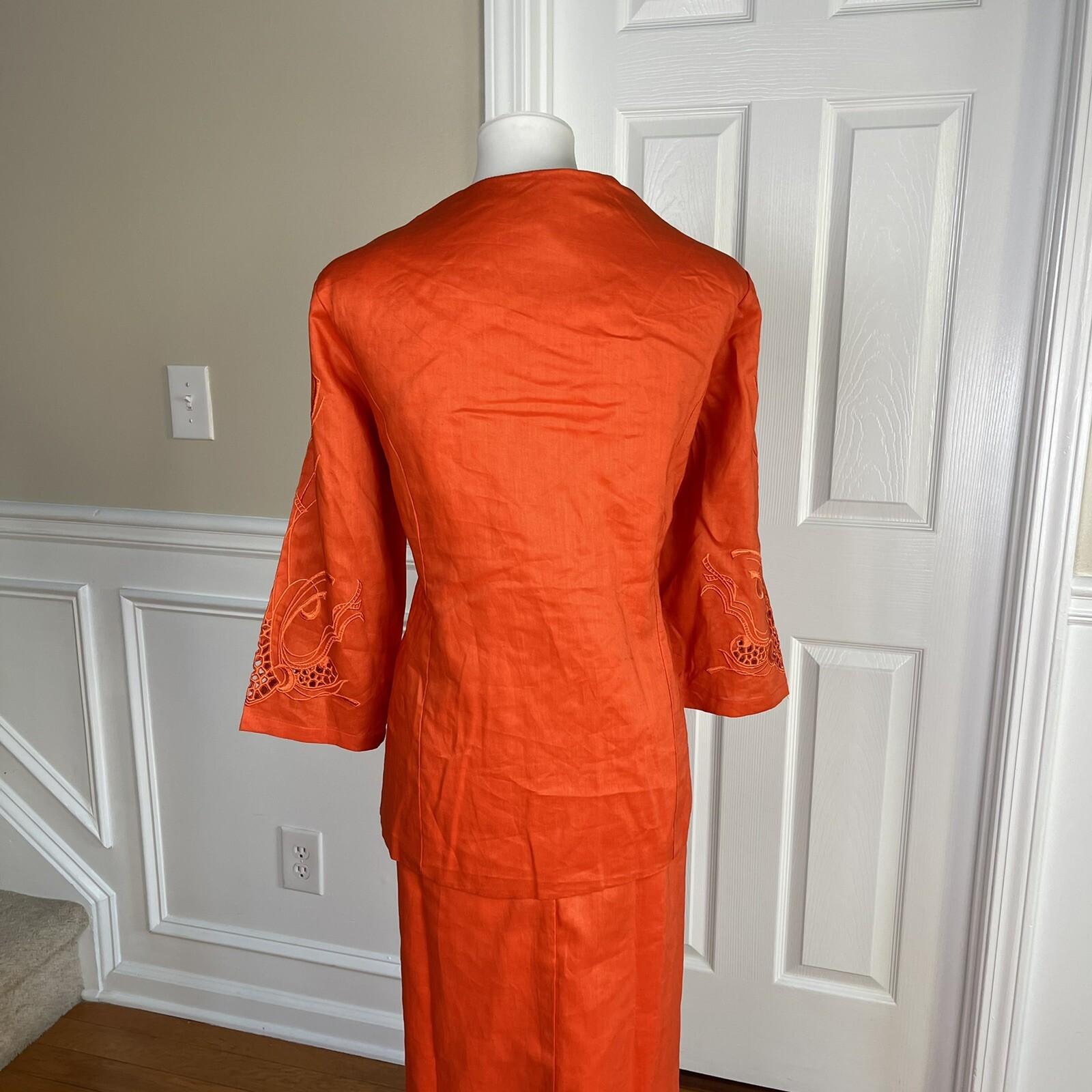 New EY BOUTIQUE 2PC Orange Linen Embroidered Collarless Skirt Suit Size XL