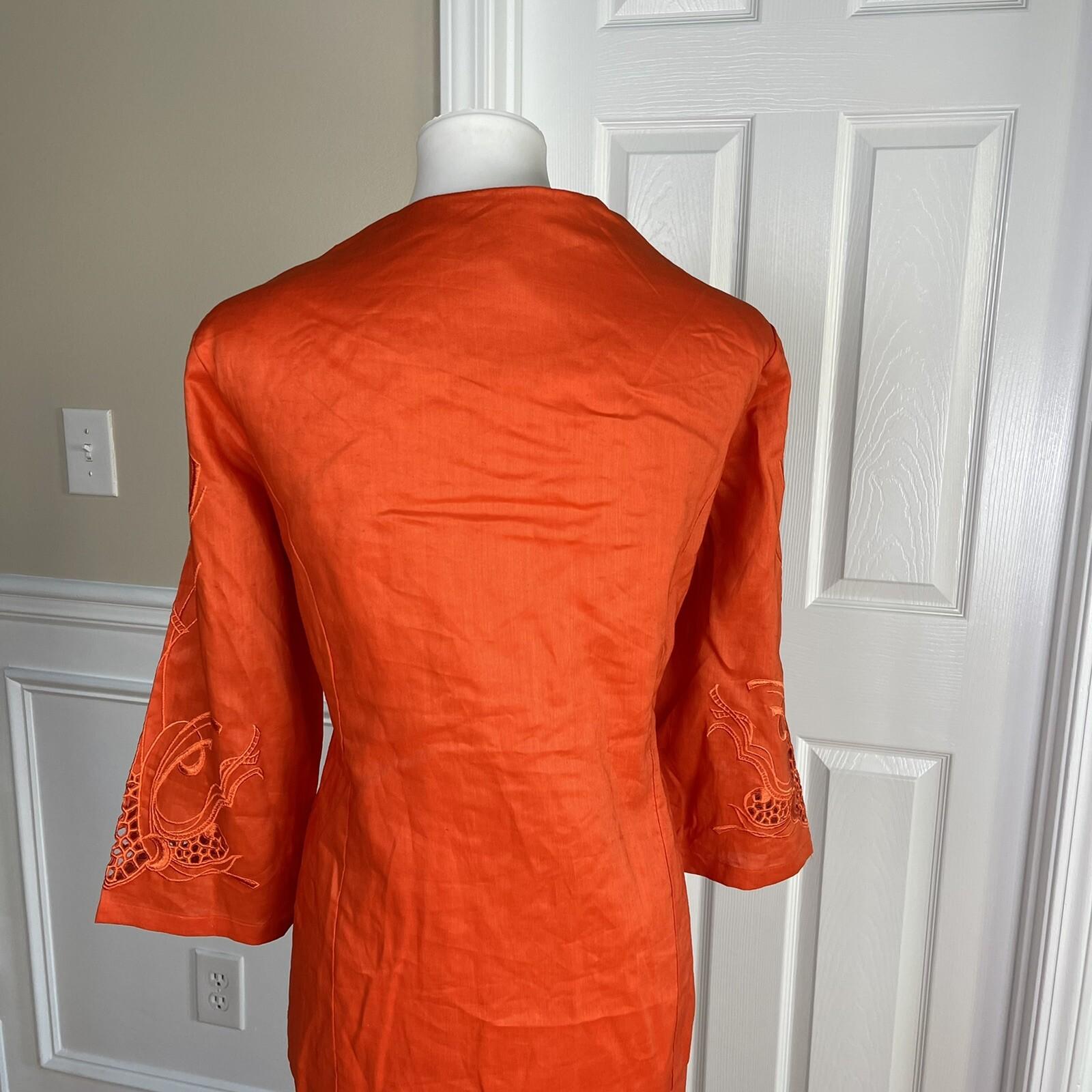 New EY BOUTIQUE 2PC Orange Linen Embroidered Collarless Skirt Suit Size XL
