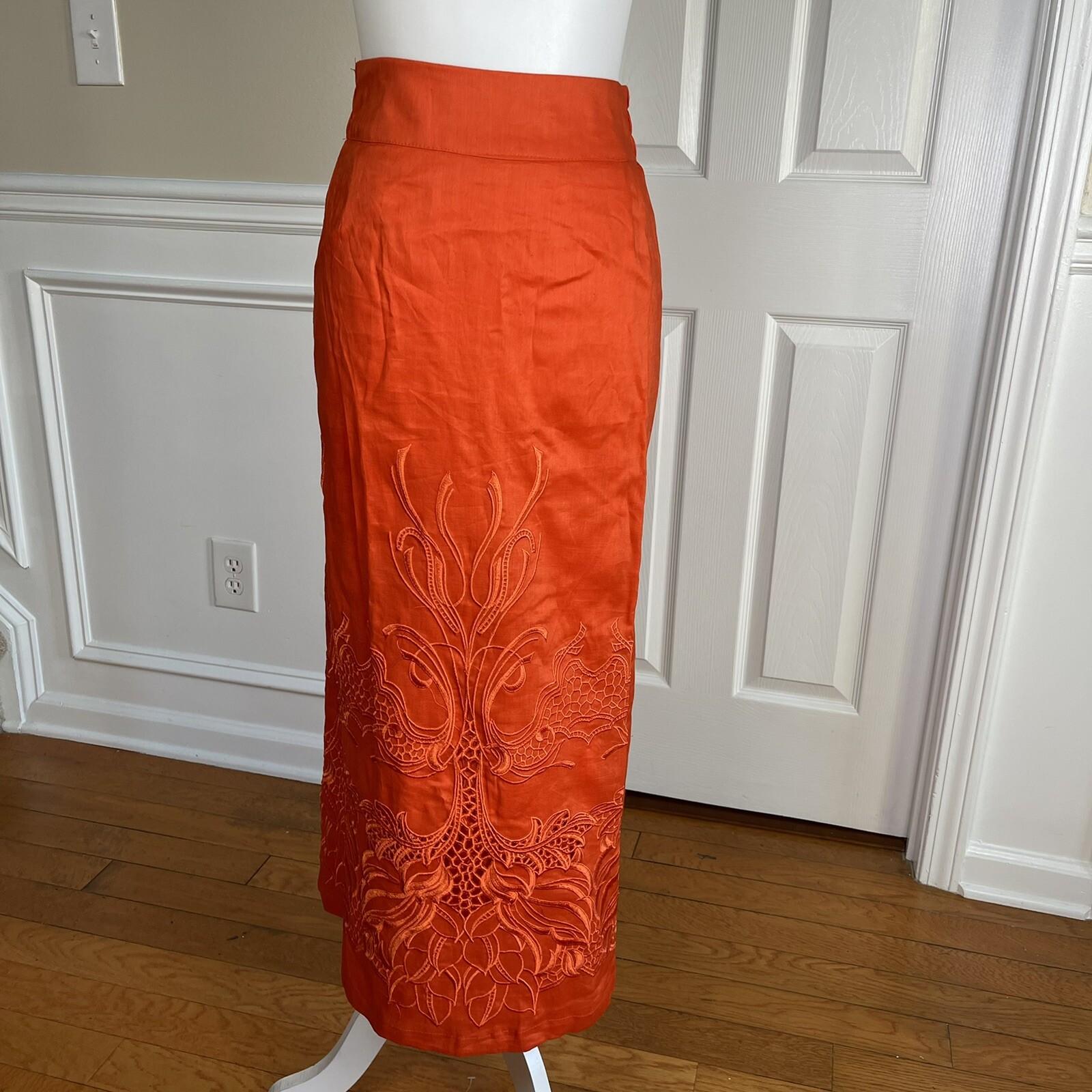 New EY BOUTIQUE 2PC Orange Linen Embroidered Collarless Skirt Suit Size XL