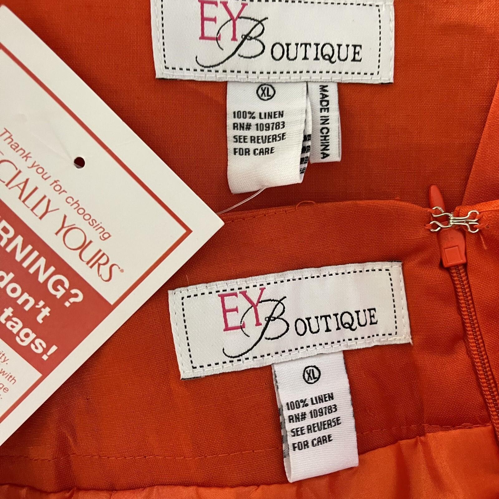 New EY BOUTIQUE 2PC Orange Linen Embroidered Collarless Skirt Suit Size XL