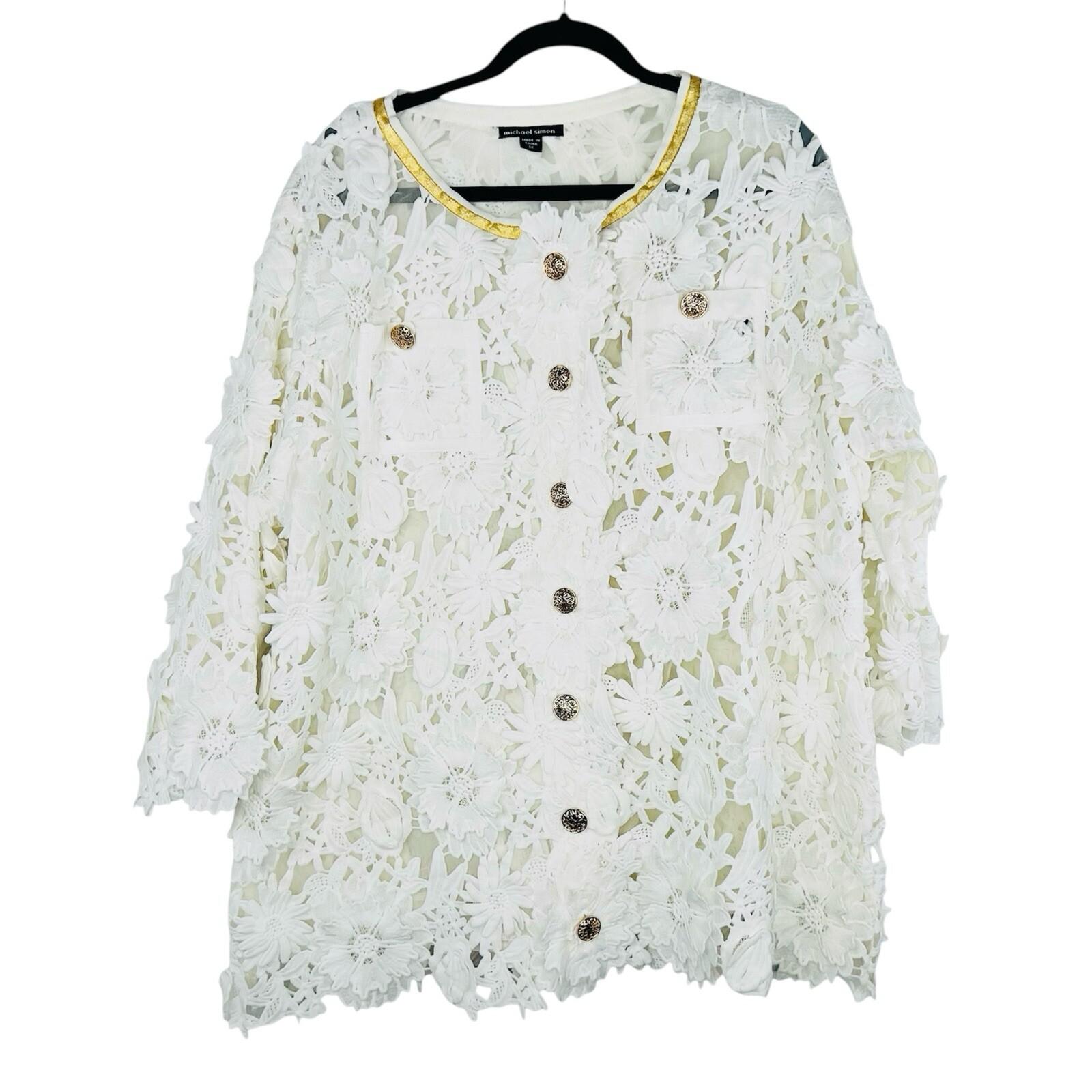 Michael Simon Vintage Floral Daisy Lace Jacket 1X White Gold Crochet Embroidered
