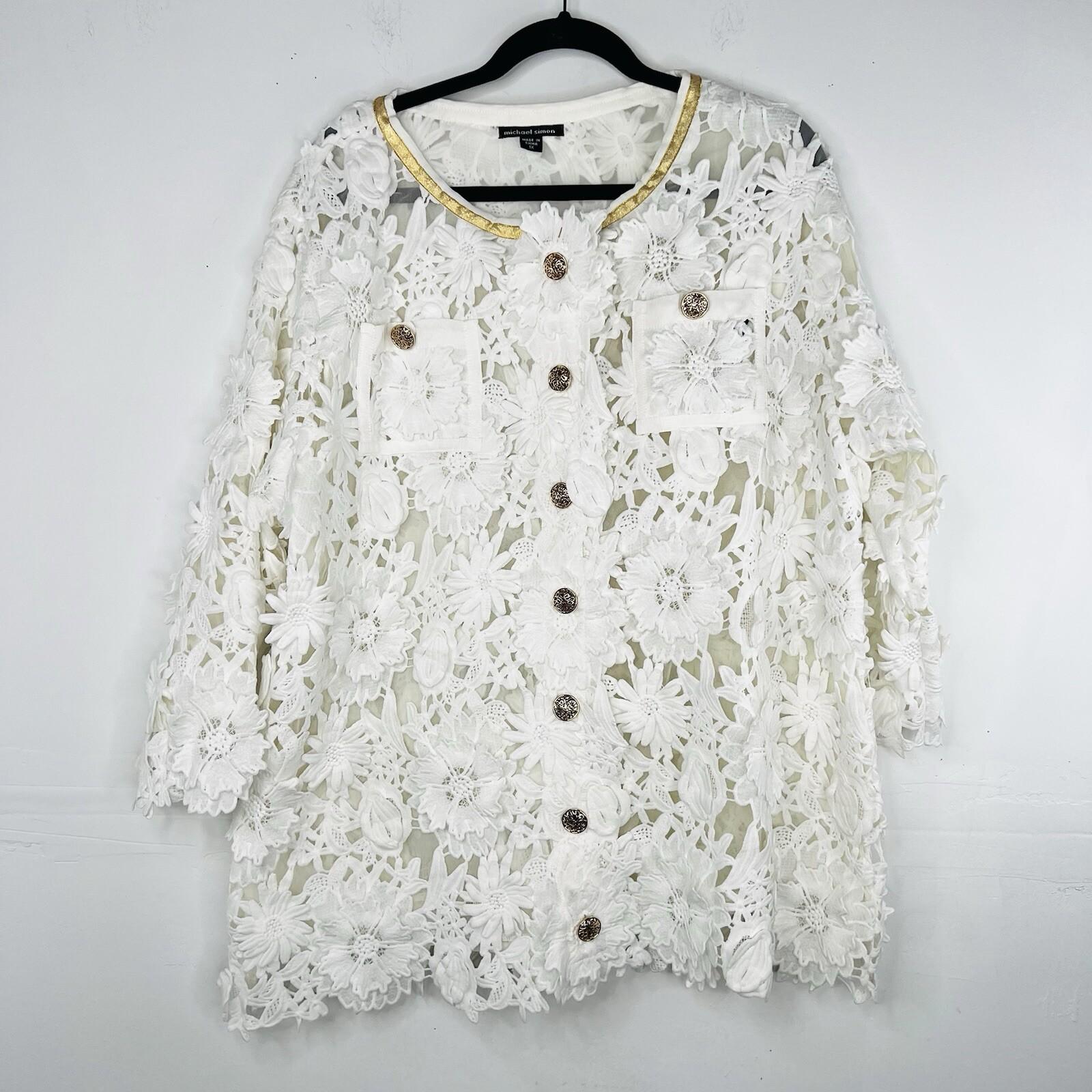 Michael Simon Vintage Floral Daisy Lace Jacket 1X White Gold Crochet Embroidered
