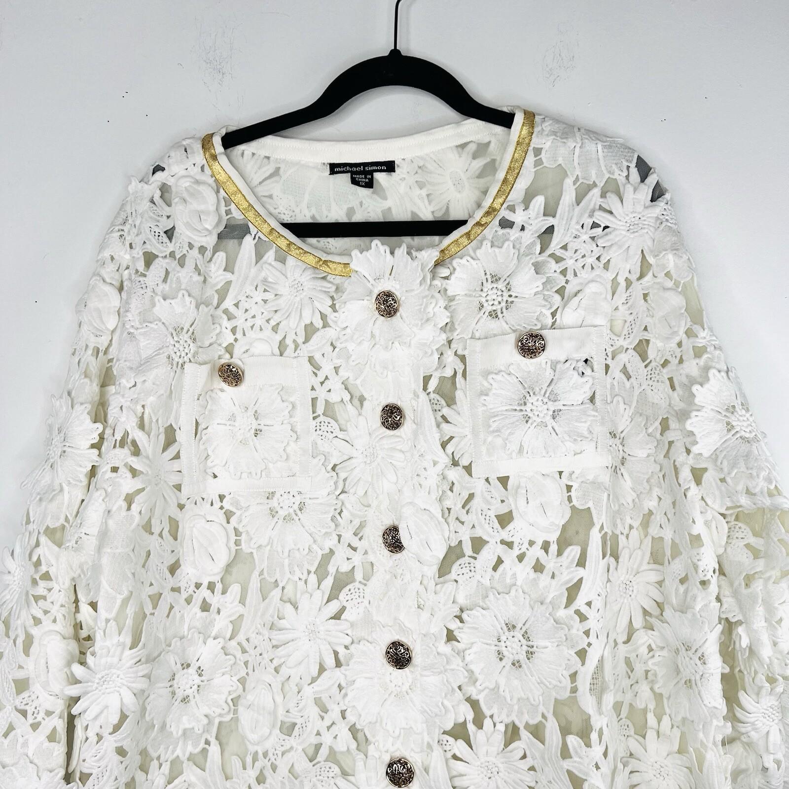 Michael Simon Vintage Floral Daisy Lace Jacket 1X White Gold Crochet Embroidered